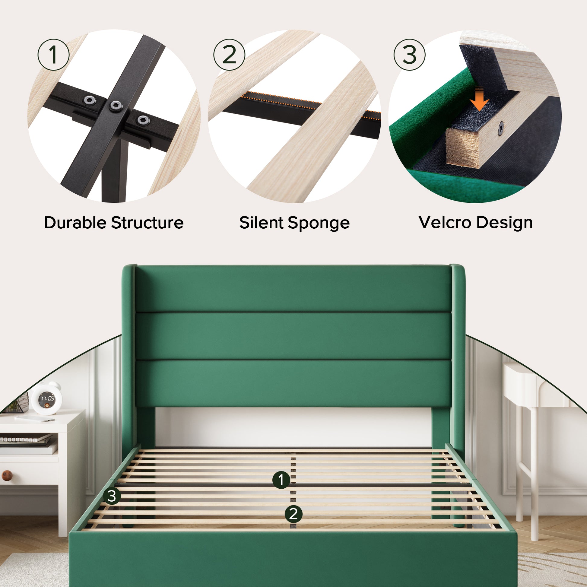 Einfach Luxury Velvet Upholstered Platform Bed Frame with Wingback Headboard