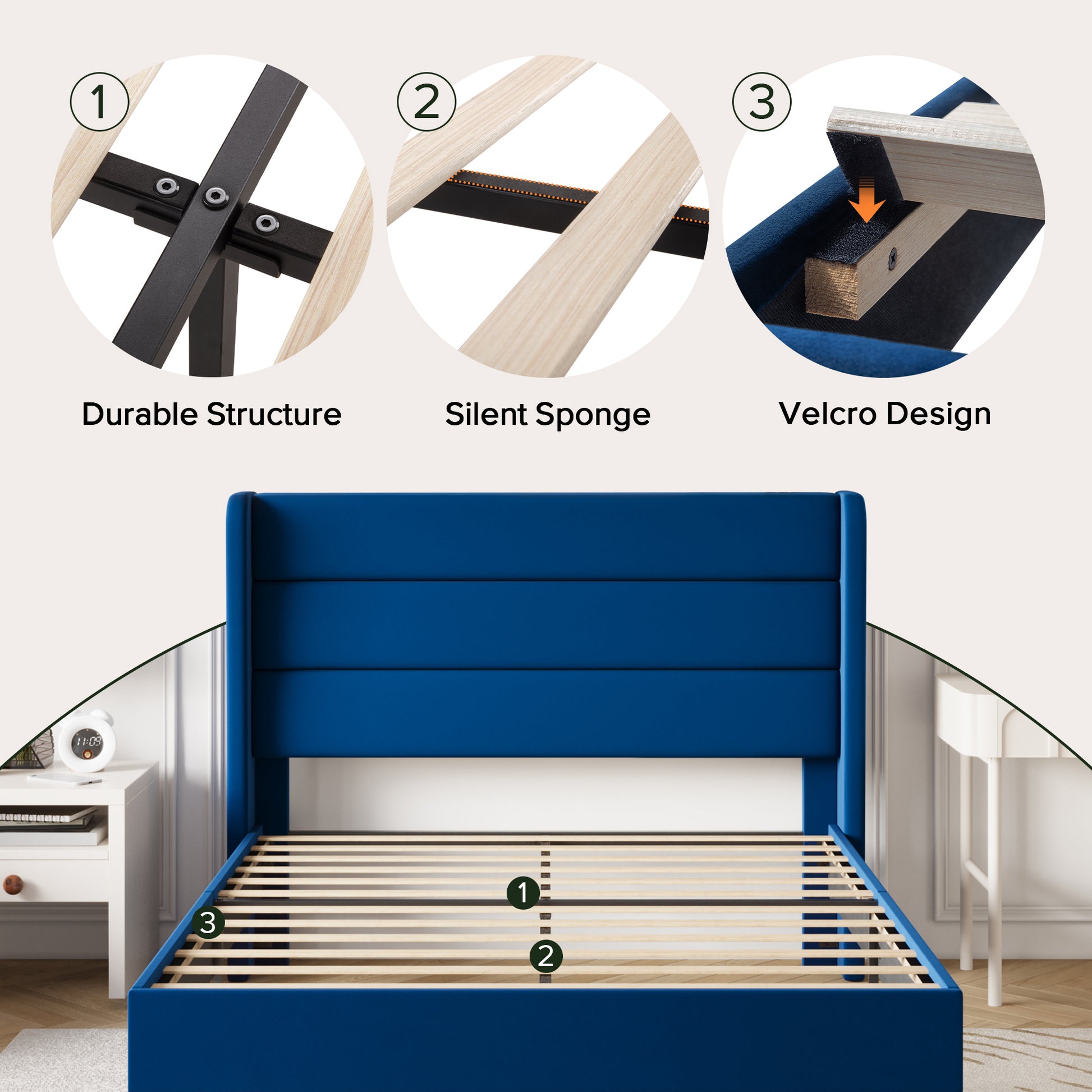 Einfach Luxury Velvet Upholstered Platform Bed Frame with Wingback Headboard