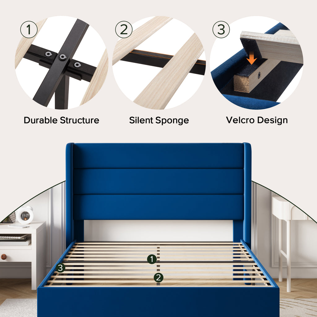 Einfach Luxury Velvet Upholstered Platform Bed Frame with Wingback Headboard