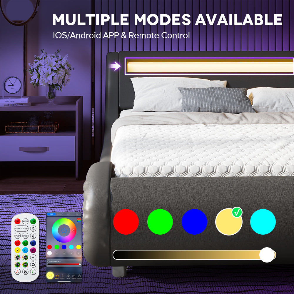 Einfach Faux Leather LED Sleigh Bed with Functional Headboard