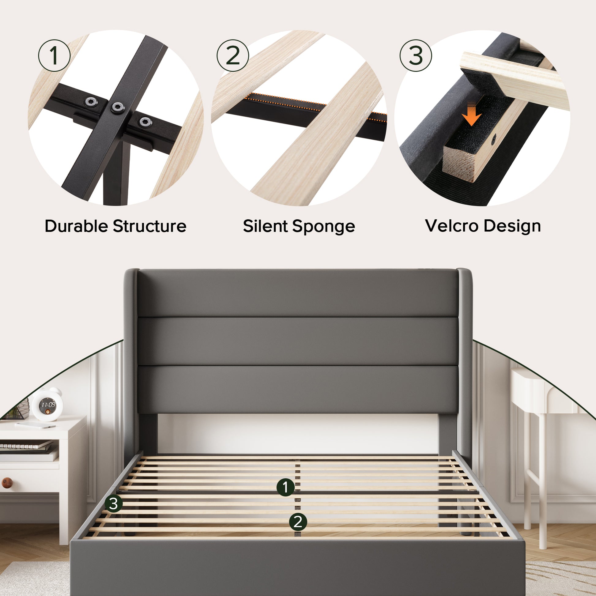 Einfach Luxury Velvet Upholstered Platform Bed Frame with Wingback Headboard