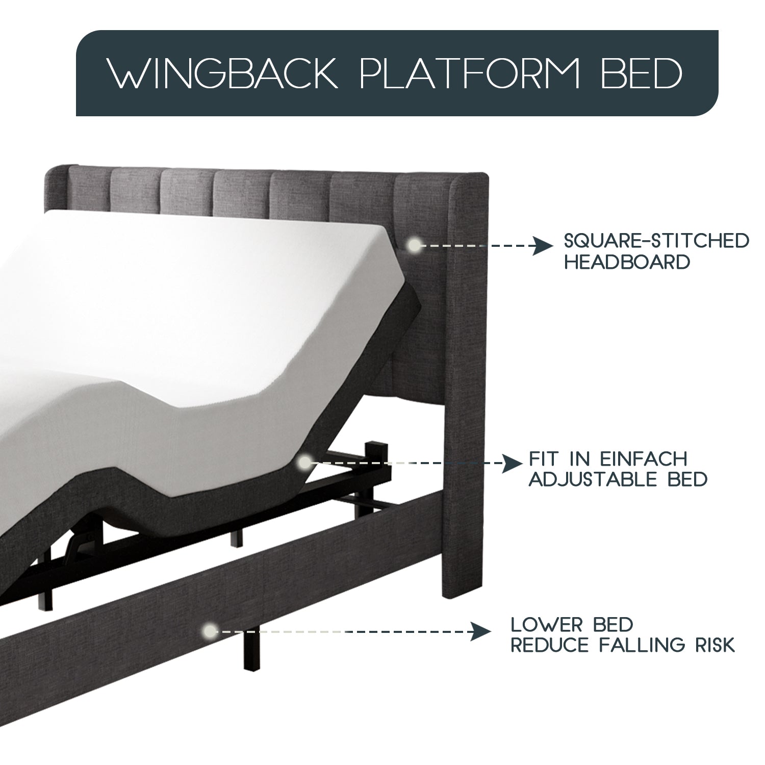 Einfach Linen Fabric Platform Bed with Upholstered Wingback Headboard