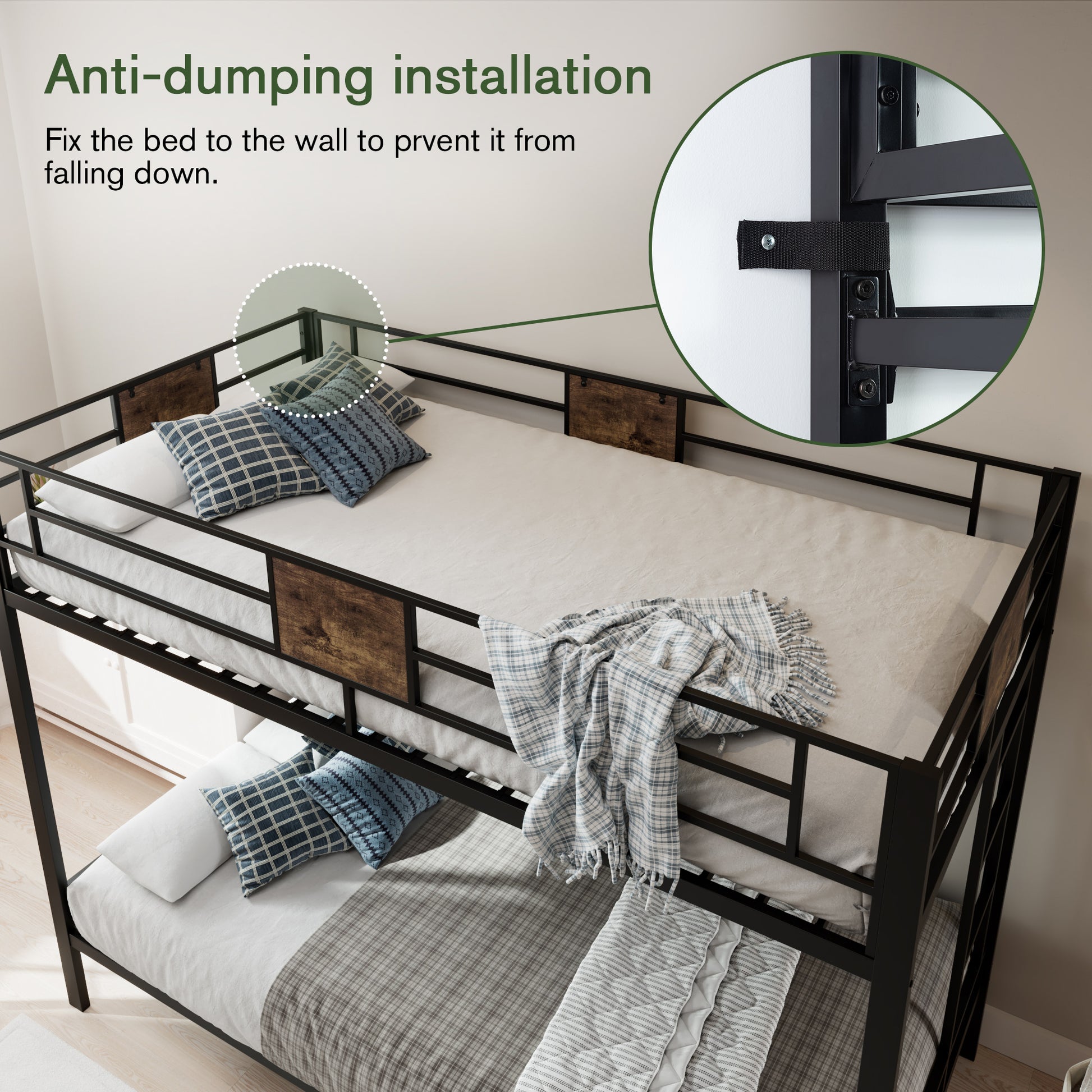 Einfach Twin over Twin Bunk Bed Frame with 13''Fully Enclosed Guardrail and Removable Ladders, Black