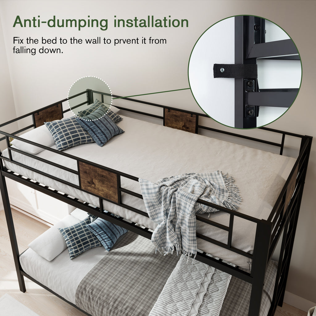 Einfach Twin over Twin Bunk Bed Frame with 13''Fully Enclosed Guardrail and Removable Ladders, Black
