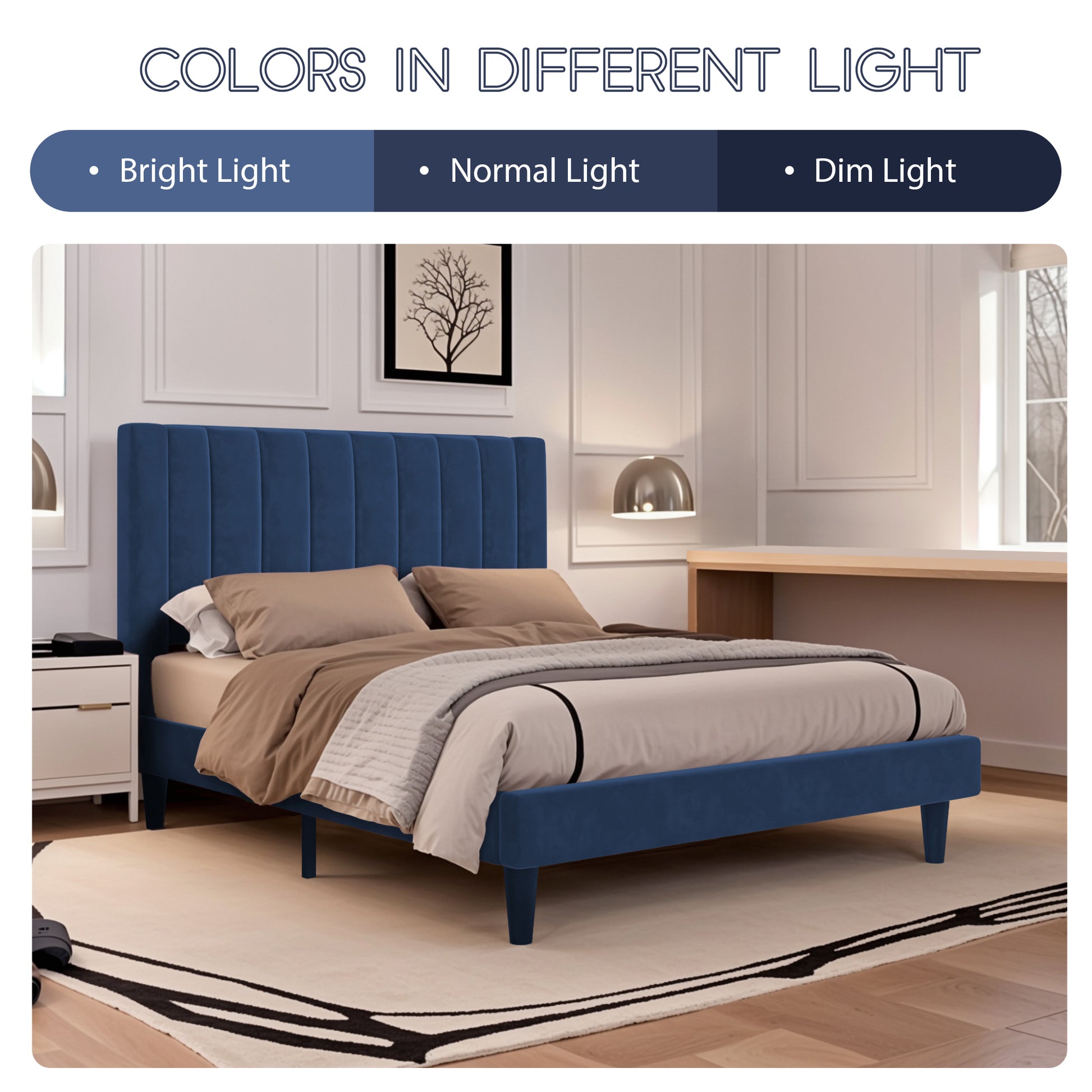 Einfach Platform Bed Frame with Upholstered Velvet Vertical Headboard
