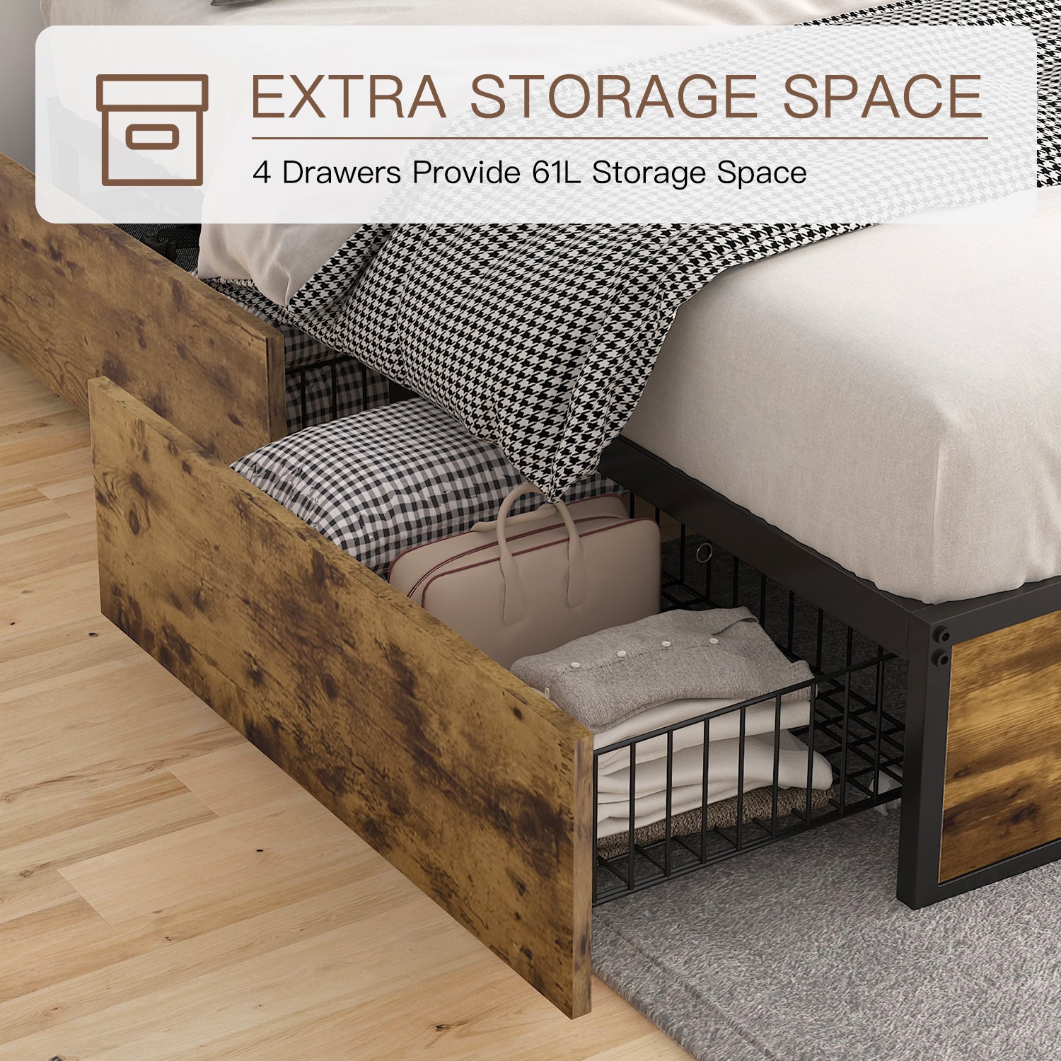 Einfach Platform Bed with 4 XL Drawers, Industrial Design, Brown