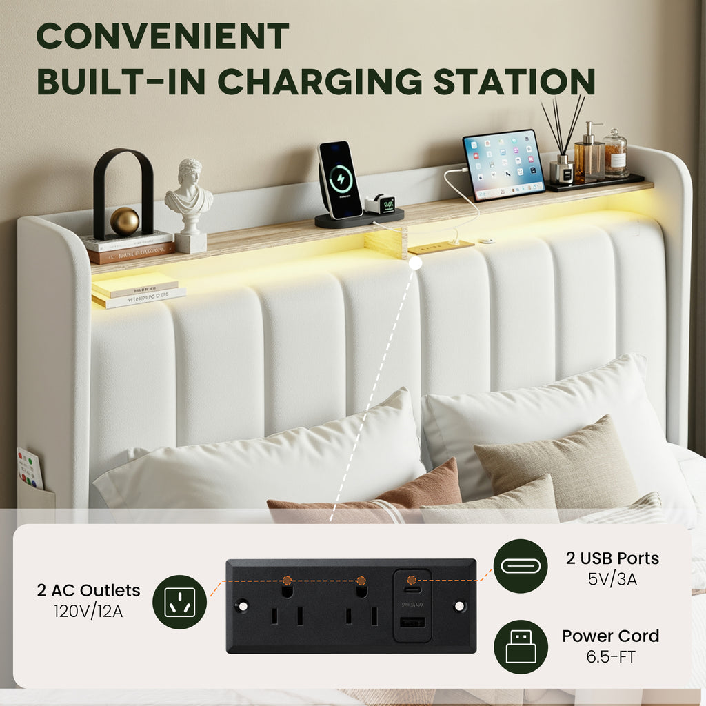 Einfach Bed Frame, Storage Bed with Built-In Charging Station, Velvet Upholstered Wingback Headboard