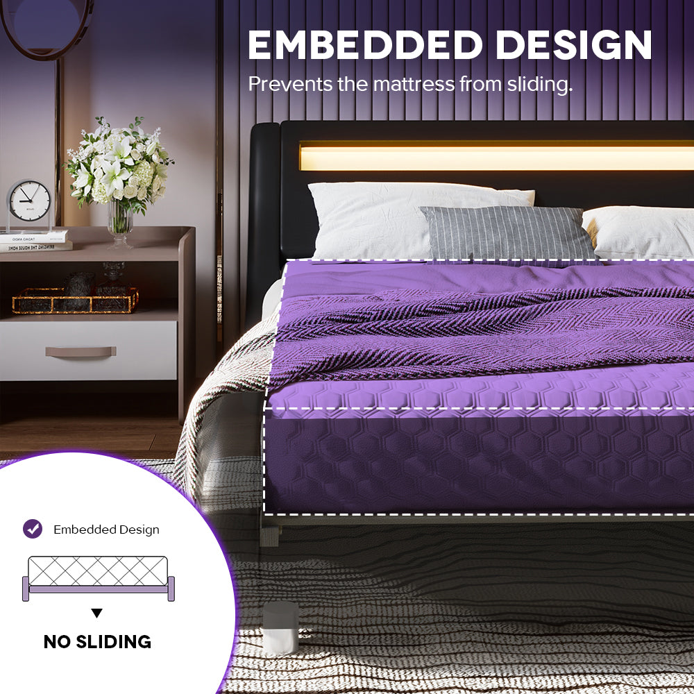 Einfach Faux Leather LED Sleigh Bed with Functional Headboard