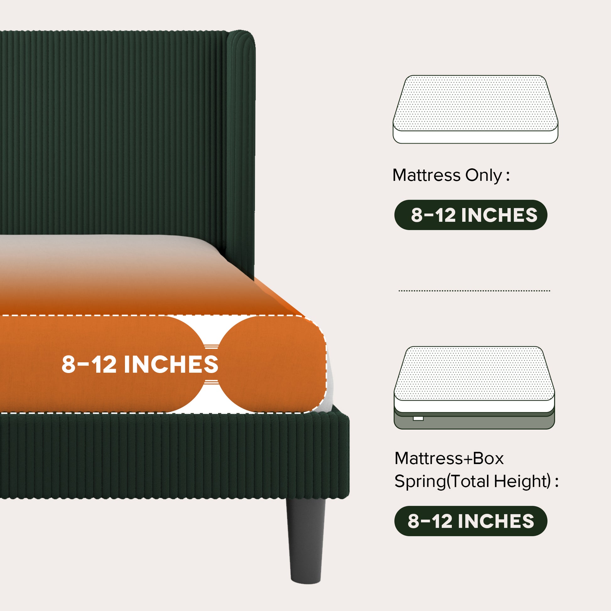 Einfach Luxury Channel-Tufted Corduroy Velvet Platform Bed Frame with Wingback Headboard