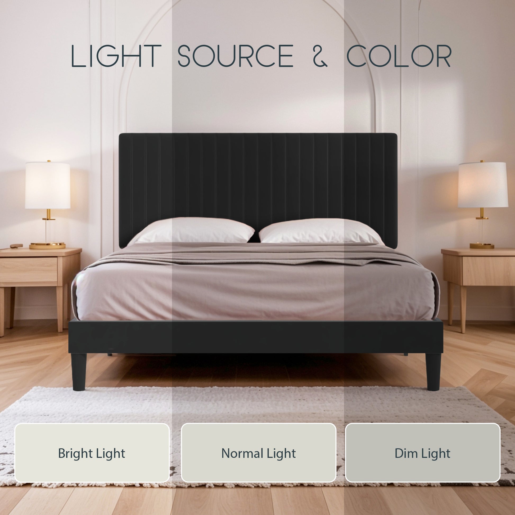Einfach Platform Bed Frame with Upholstered Adjustable Velvet Vertical Tufted Headboard
