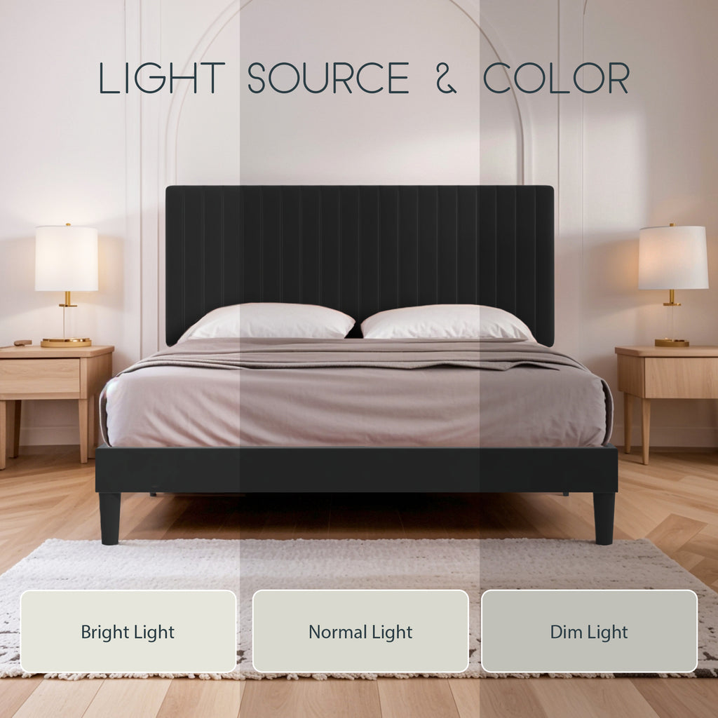 Einfach Platform Bed Frame with Upholstered Adjustable Velvet Vertical Tufted Headboard