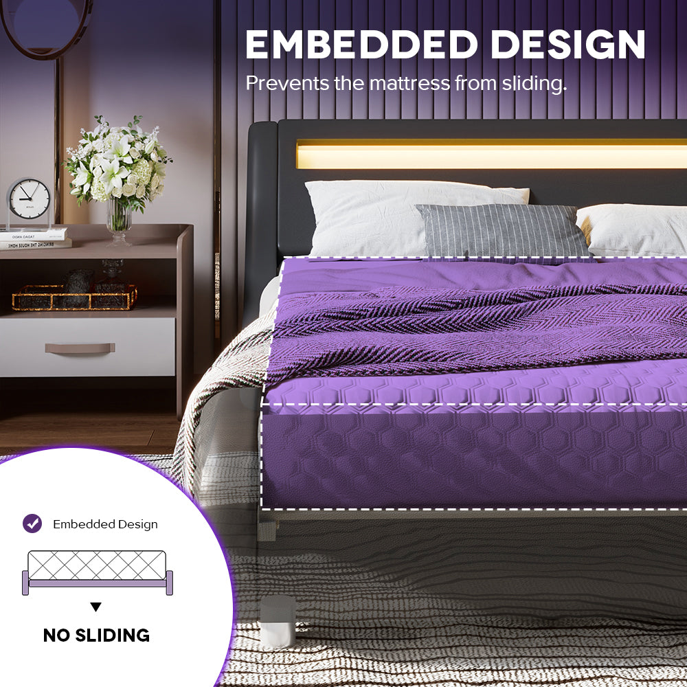 Einfach Faux Leather LED Sleigh Bed with Functional Headboard