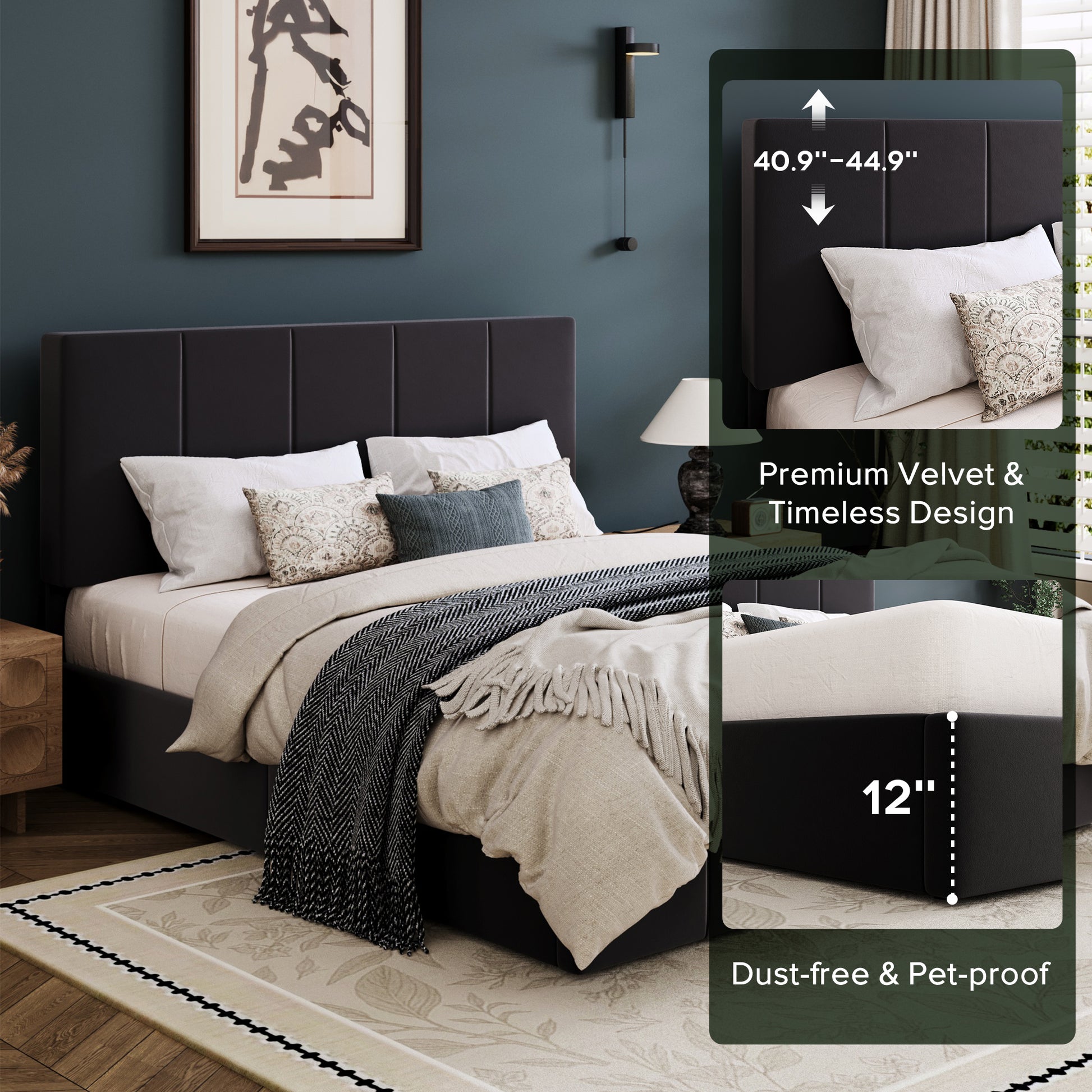 Einfach Bed Frame, Upholstered Platform Bed with Height Adjustable Headboard, Easy Assembly, Noise-Free