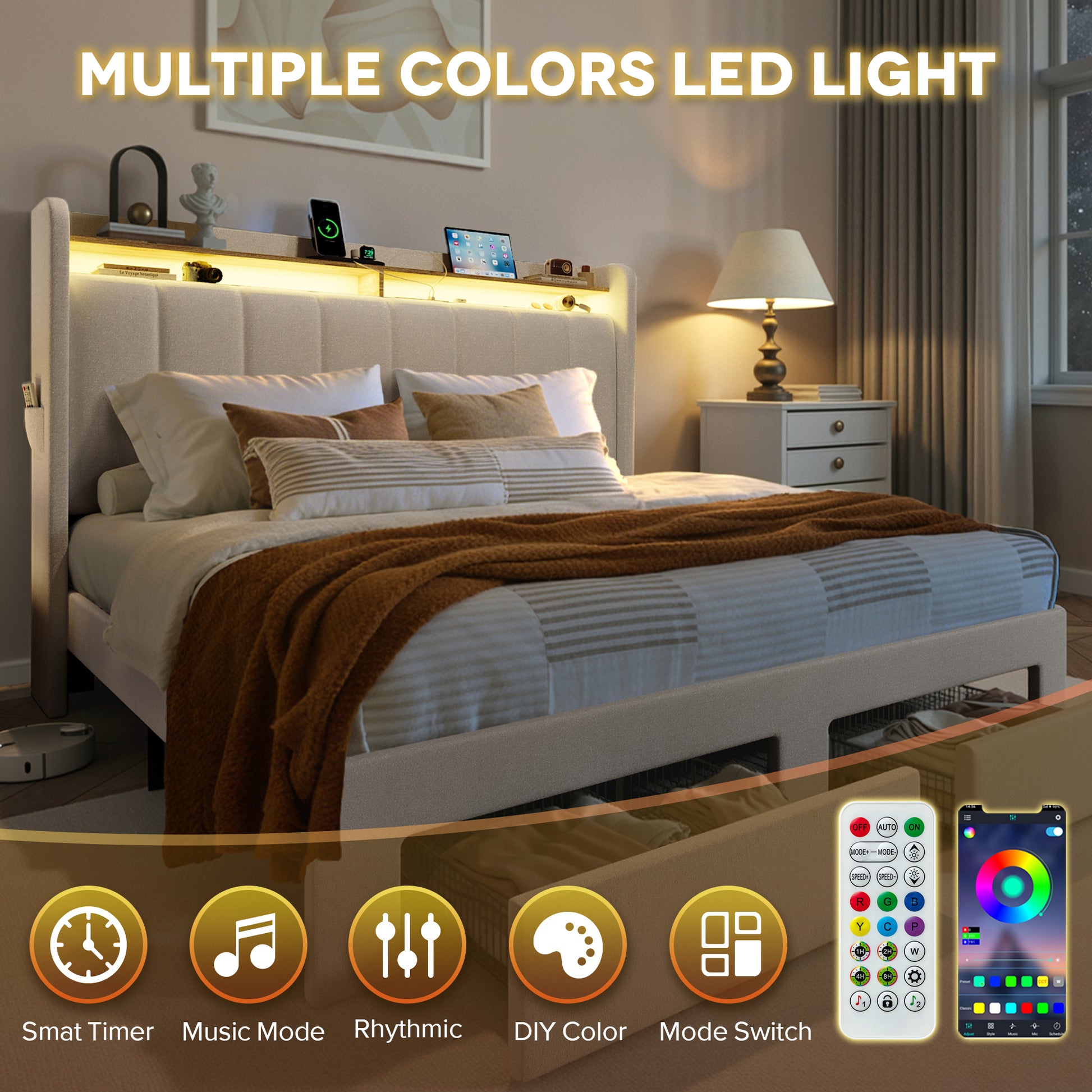 Einfach Bed Frame, Storage Bed with Built-In Charging Station, Velvet Upholstered Wingback Headboard