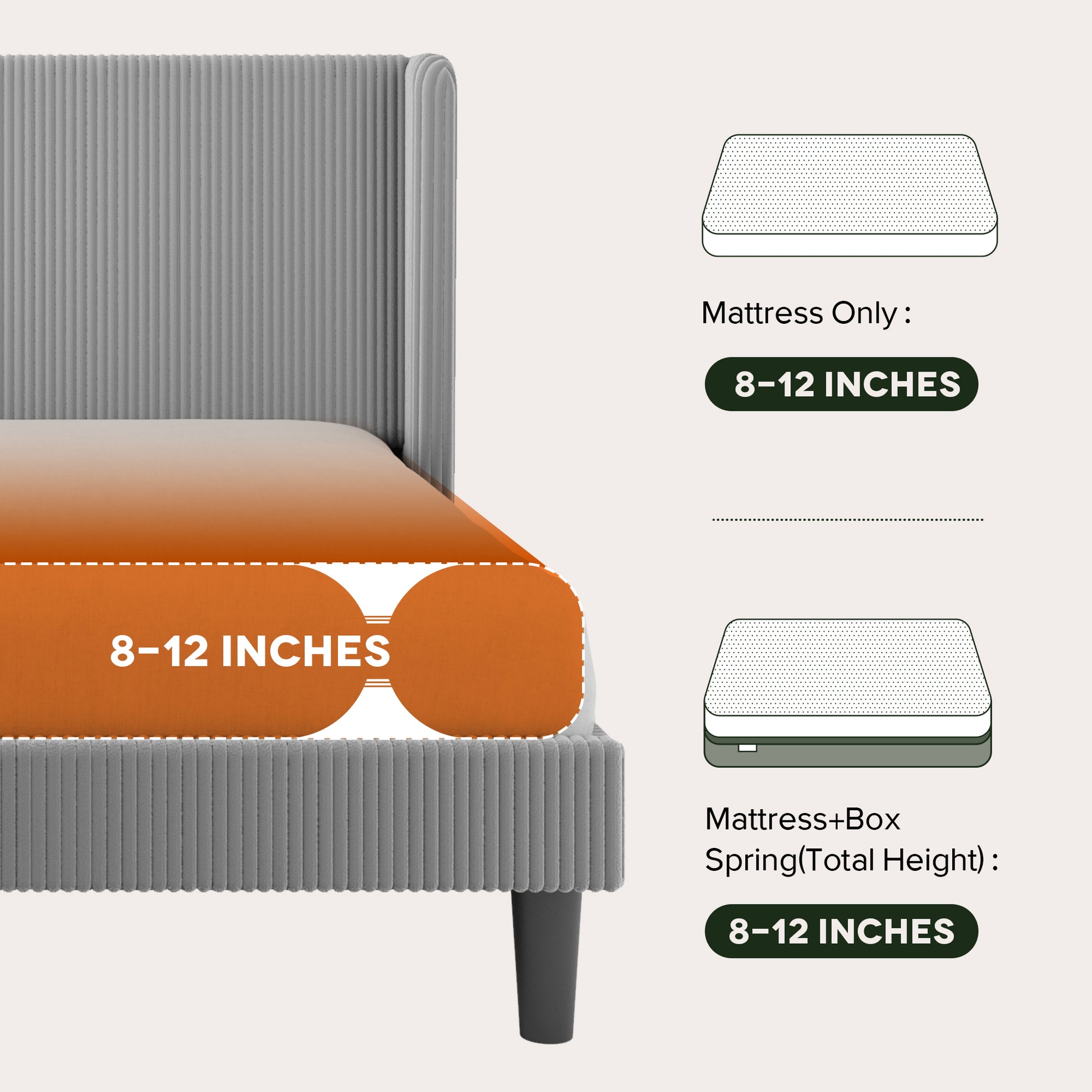 Einfach Luxury Channel-Tufted Corduroy Velvet Platform Bed Frame with Wingback Headboard