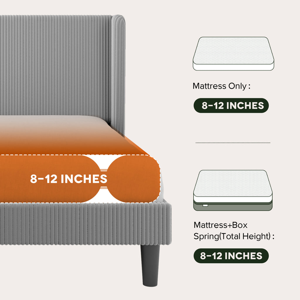 Einfach Luxury Channel-Tufted Corduroy Velvet Platform Bed Frame with Wingback Headboard