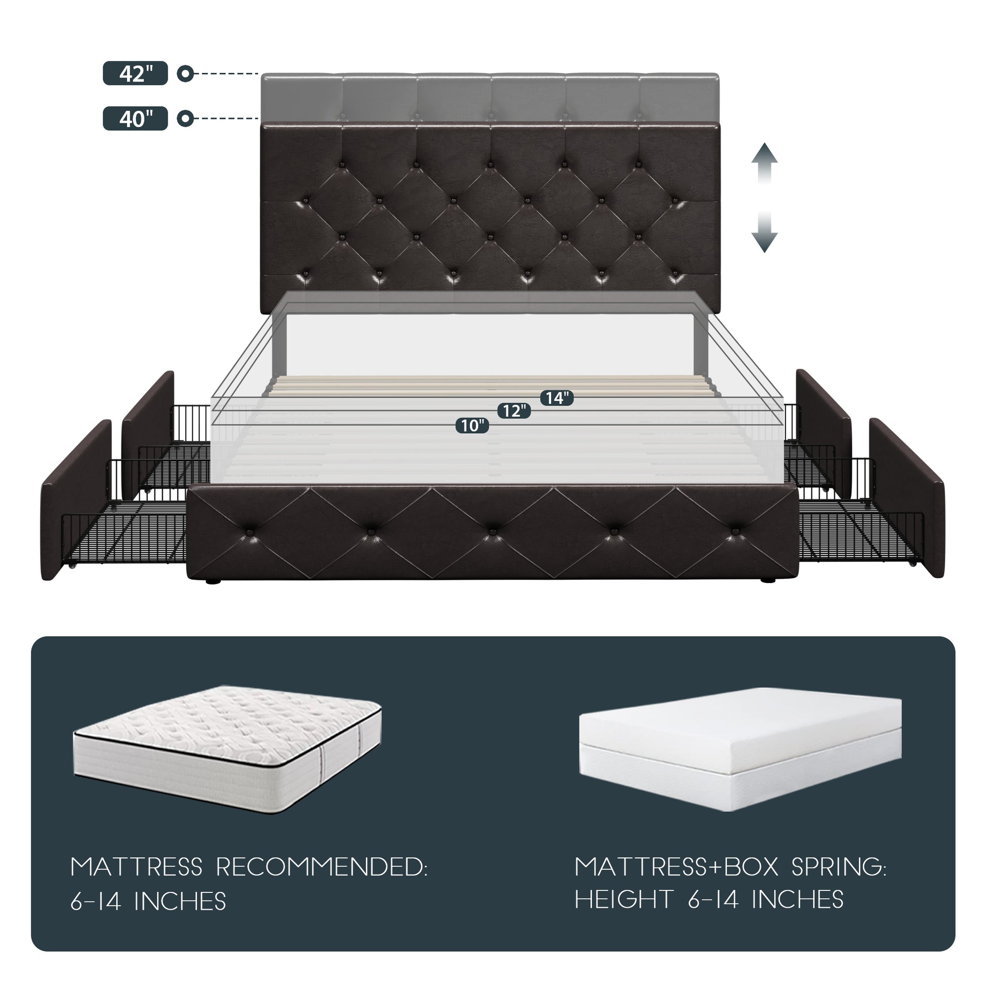 Einfach PU Leather Platform Bed with 4 Big Storage Drawers, Diamond Button Tufted Adjustable Headboard