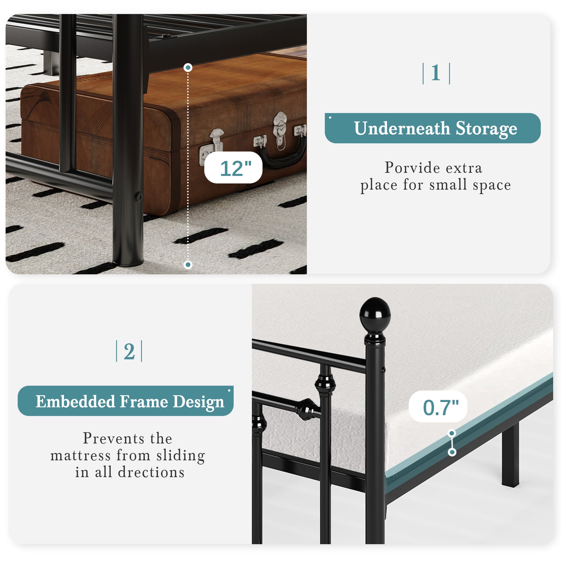 Einfach Bed Frame with Victorian Style Iron-Art Headboard and Footboard