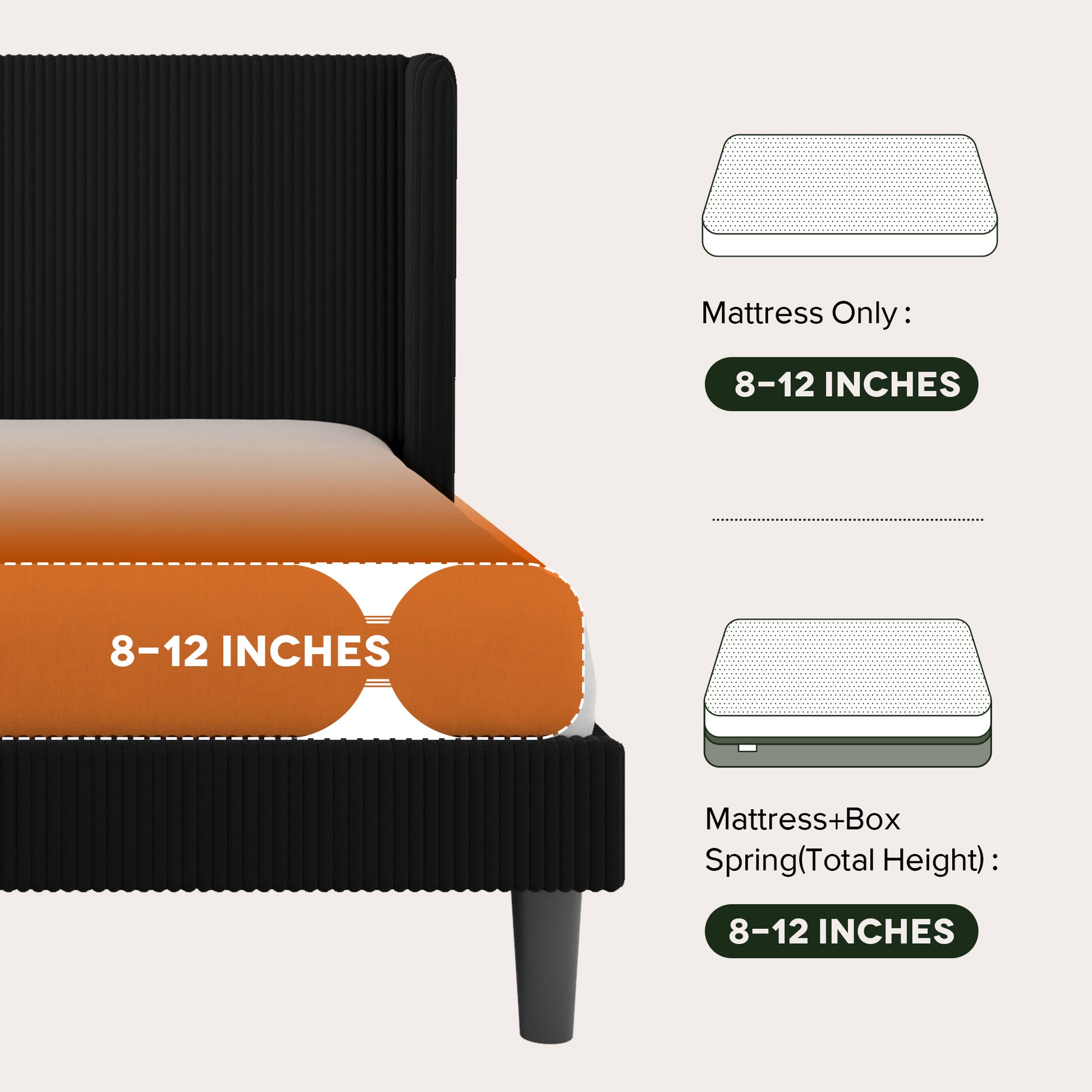 Einfach Luxury Channel-Tufted Corduroy Velvet Platform Bed Frame with Wingback Headboard