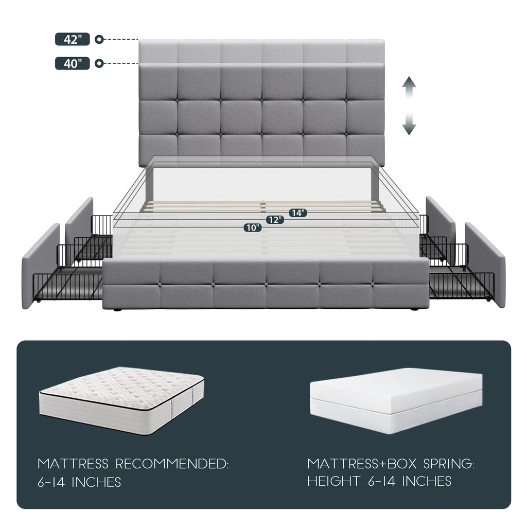 Einfach Linen Fabirc Platform Bed with 4 Big Storage Drawers, Adjustable Headboard