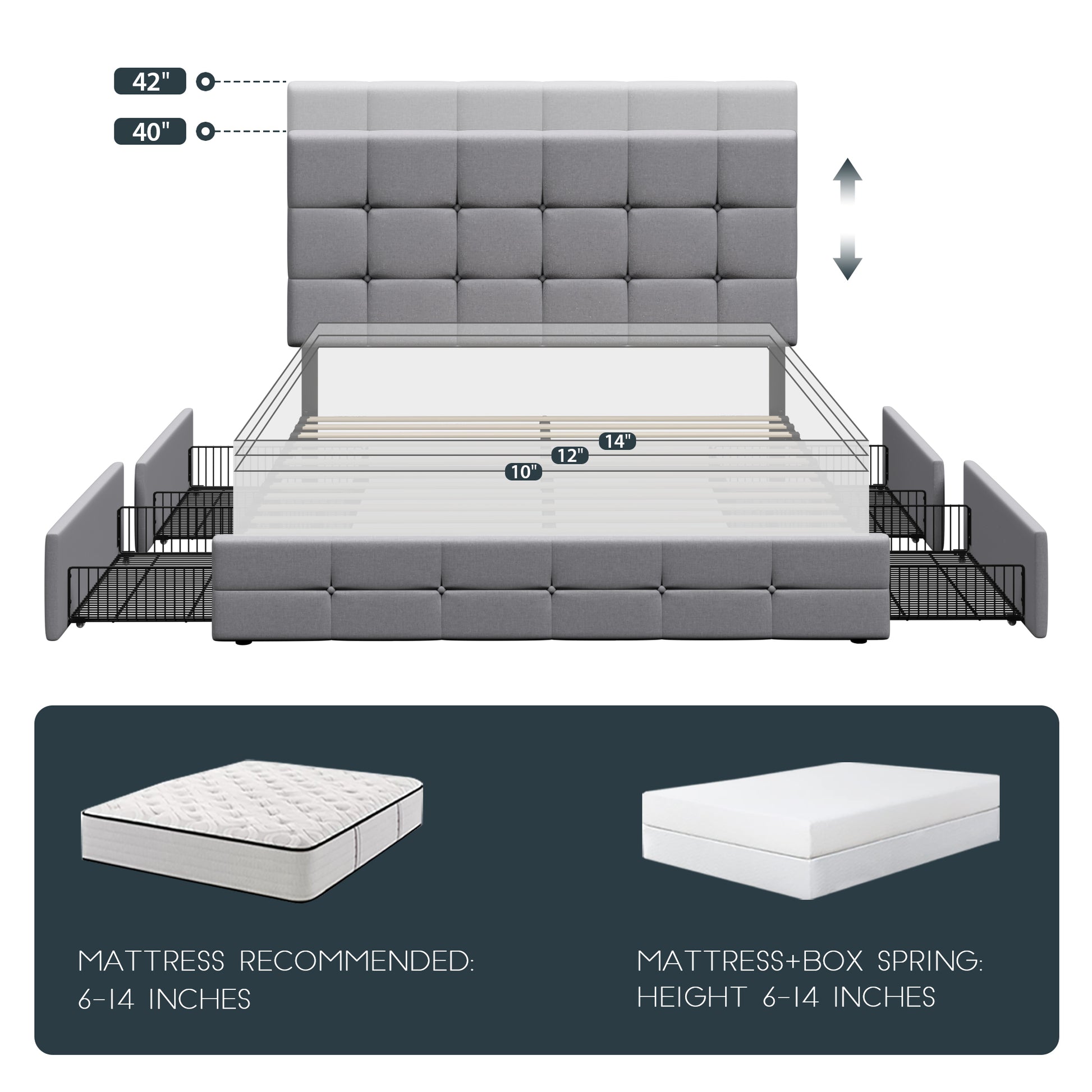 Einfach Linen Fabirc Platform Bed with 4 Big Storage Drawers, Adjustable Headboard