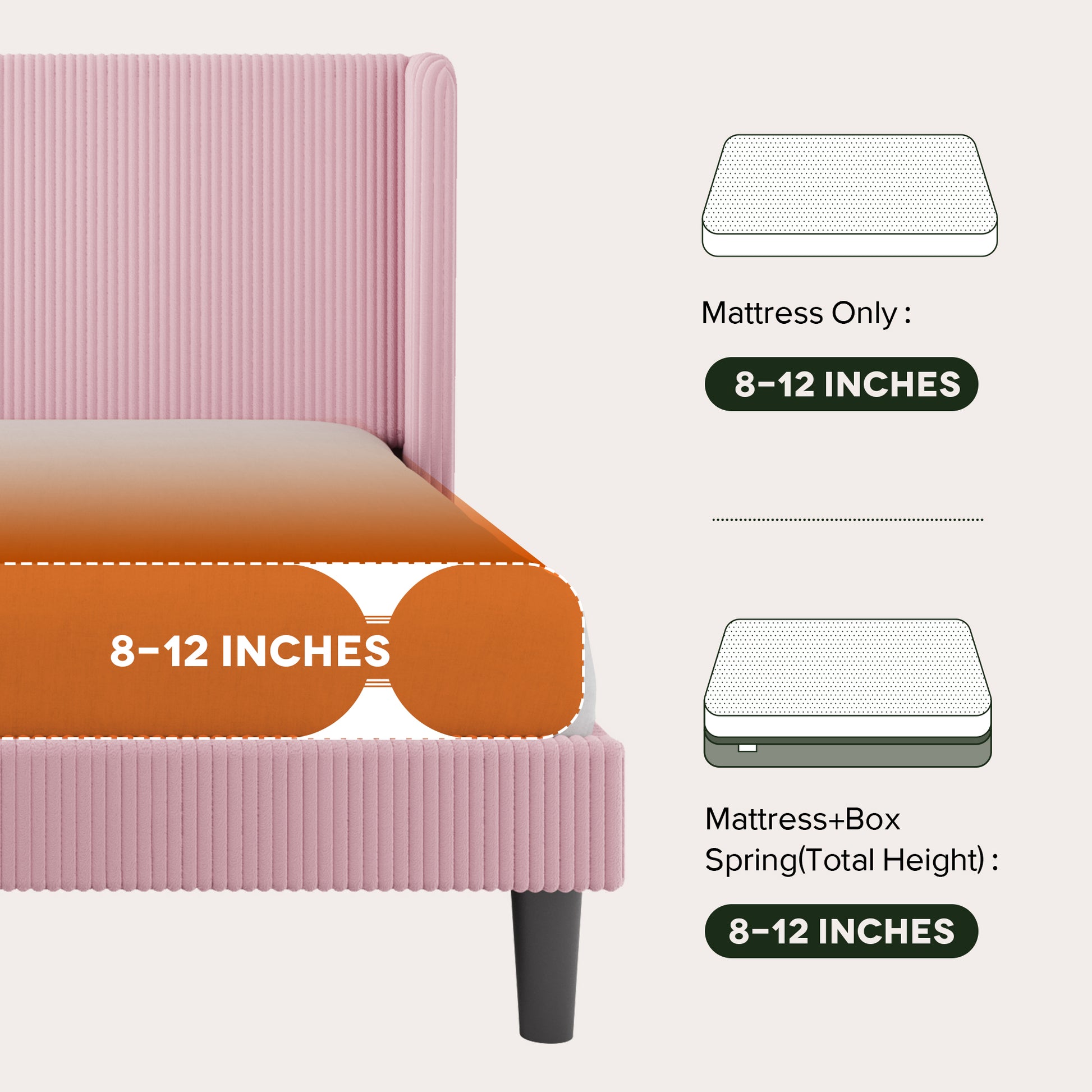 Einfach Luxury Channel-Tufted Corduroy Velvet Platform Bed Frame with Wingback Headboard