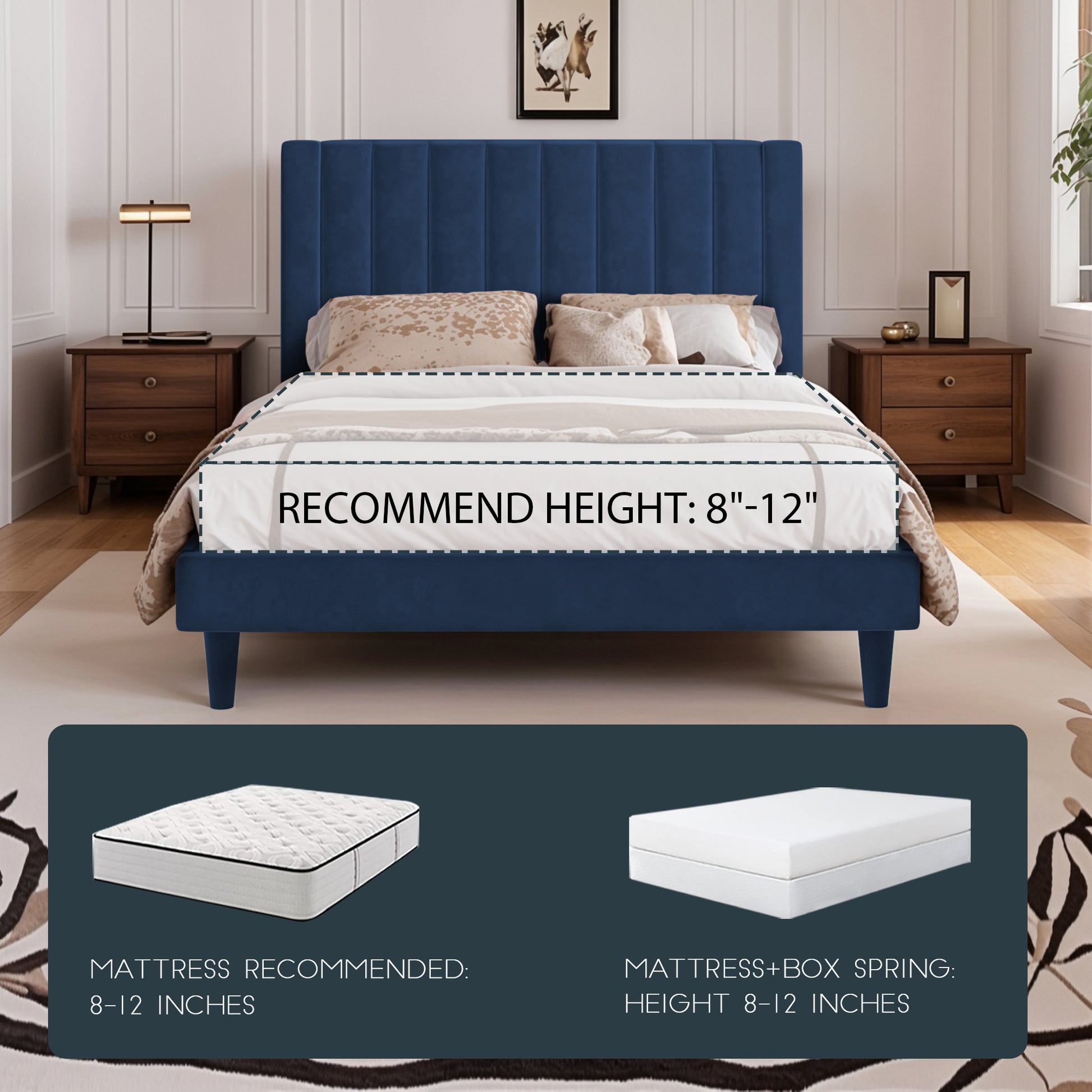 Einfach Platform Bed Frame with Upholstered Velvet Vertical Headboard