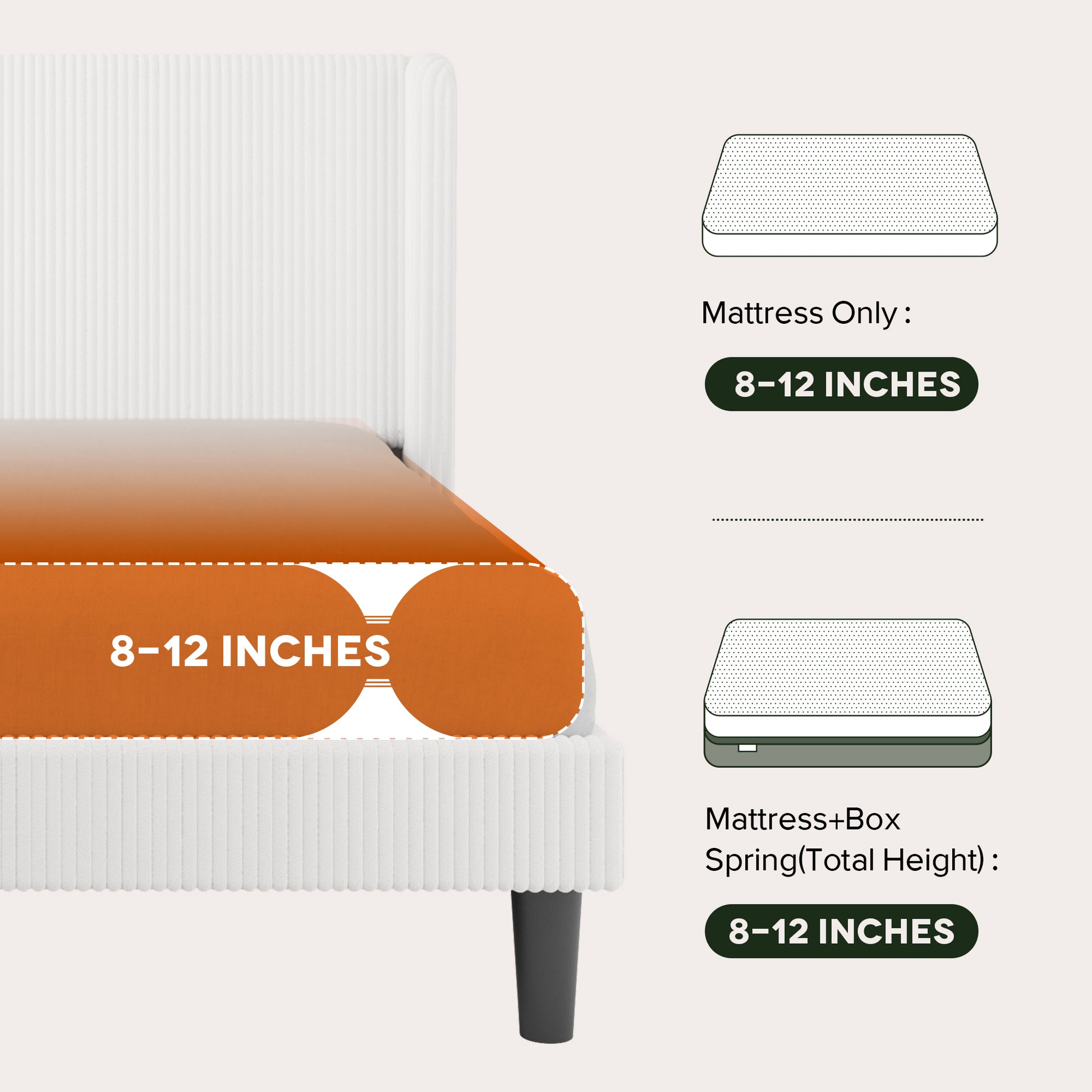 Einfach Luxury Channel-Tufted Corduroy Velvet Platform Bed Frame with Wingback Headboard