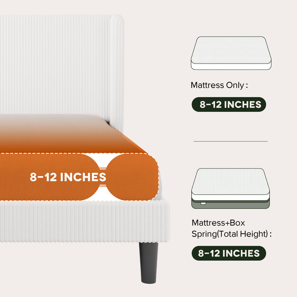 Einfach Luxury Channel-Tufted Corduroy Velvet Platform Bed Frame with Wingback Headboard