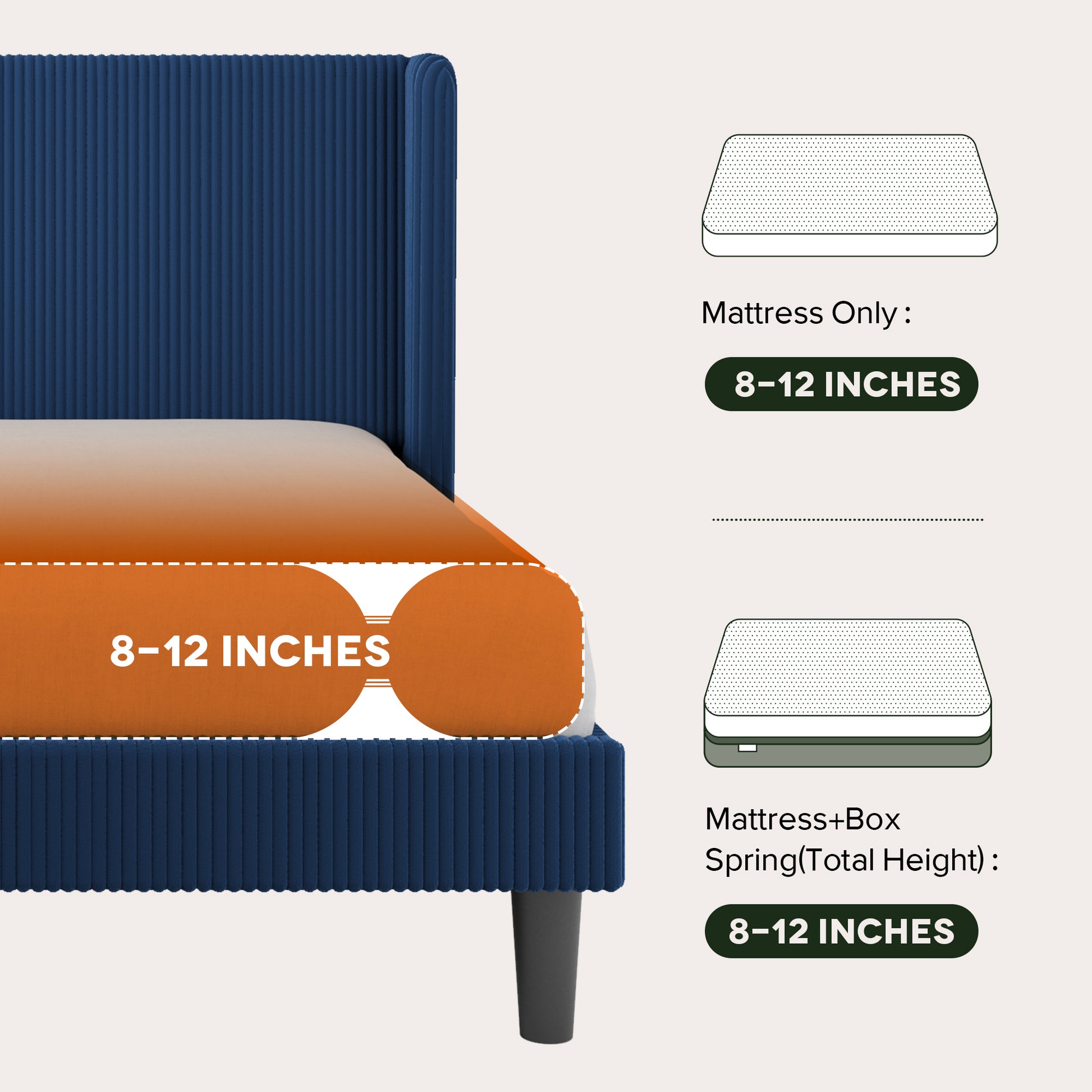 Einfach Luxury Channel-Tufted Corduroy Velvet Platform Bed Frame with Wingback Headboard