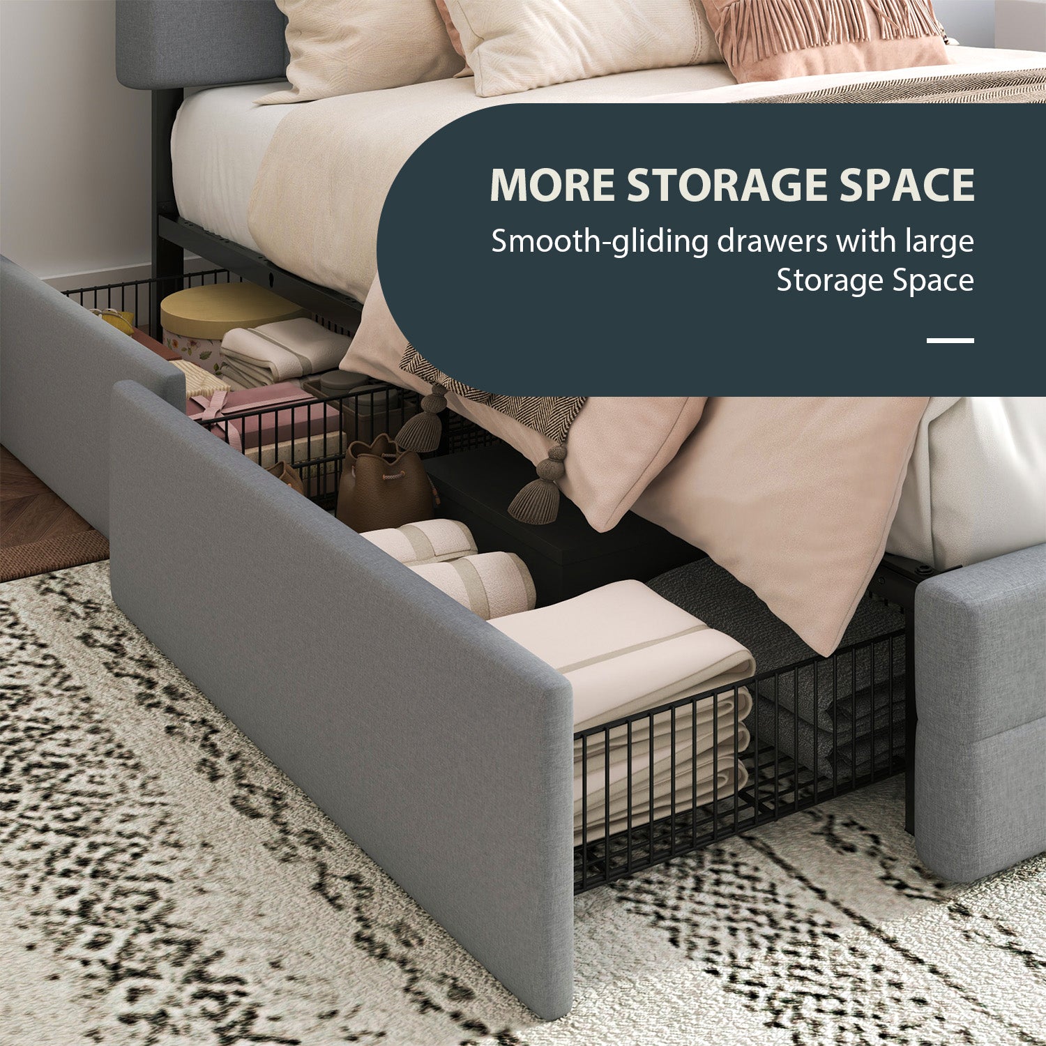 Einfach Linen Fabirc Platform Bed with 4 Big Storage Drawers, Adjustable Headboard