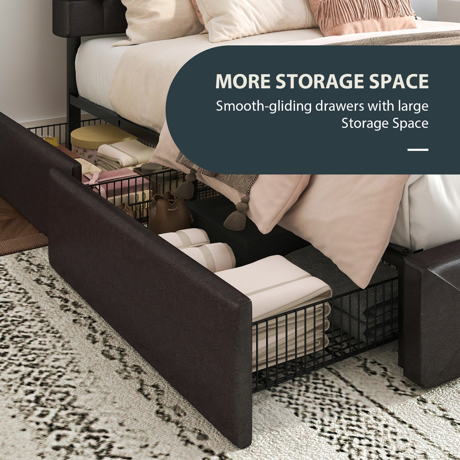 Einfach PU Leather Platform Bed with 4 Big Storage Drawers, Diamond Button Tufted Adjustable Headboard