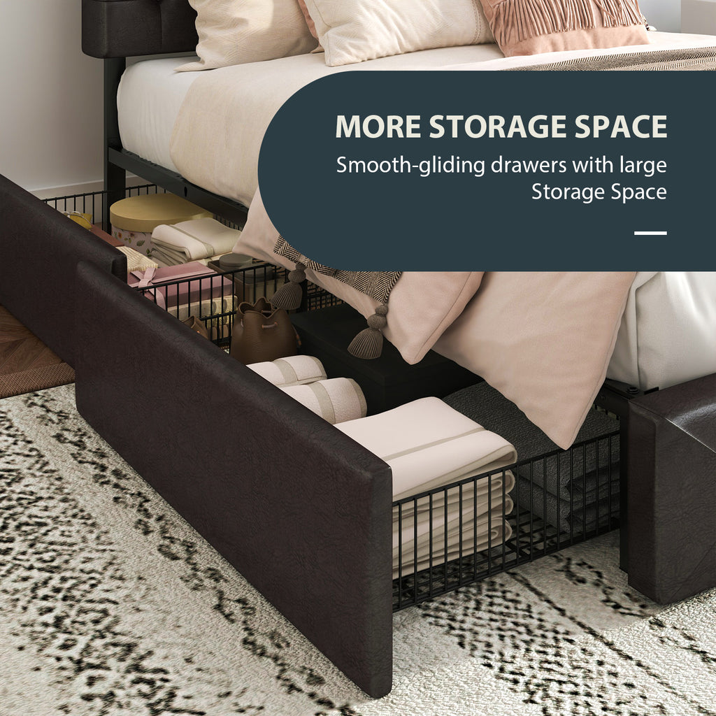 Einfach PU Leather Platform Bed with 4 Big Storage Drawers, Diamond Button Tufted Adjustable Headboard