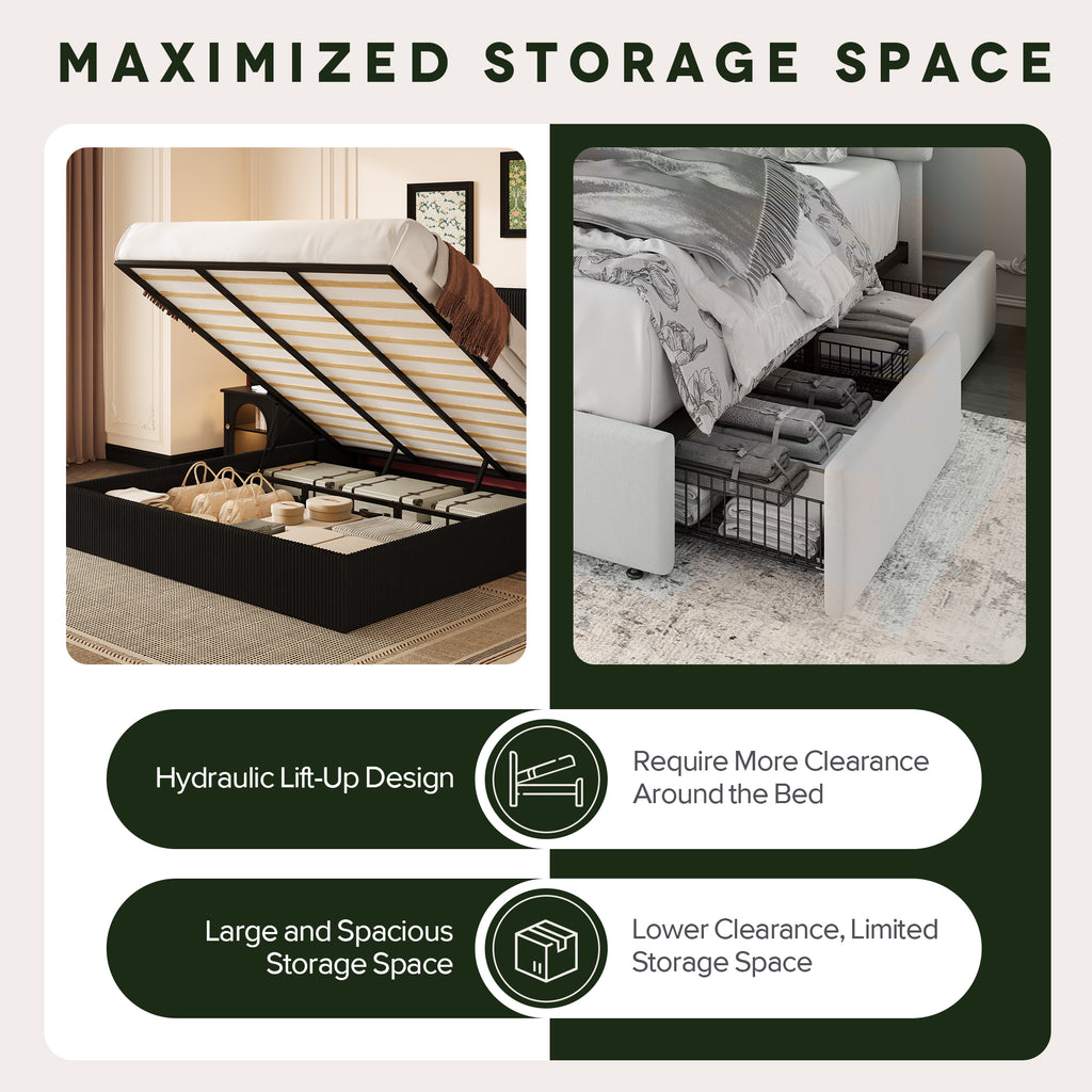 Einfach Hydraulic Lift Up Storage Bed Frame, Corduroy Upholstered Wingback Headboard, Ample Under-bed Storage