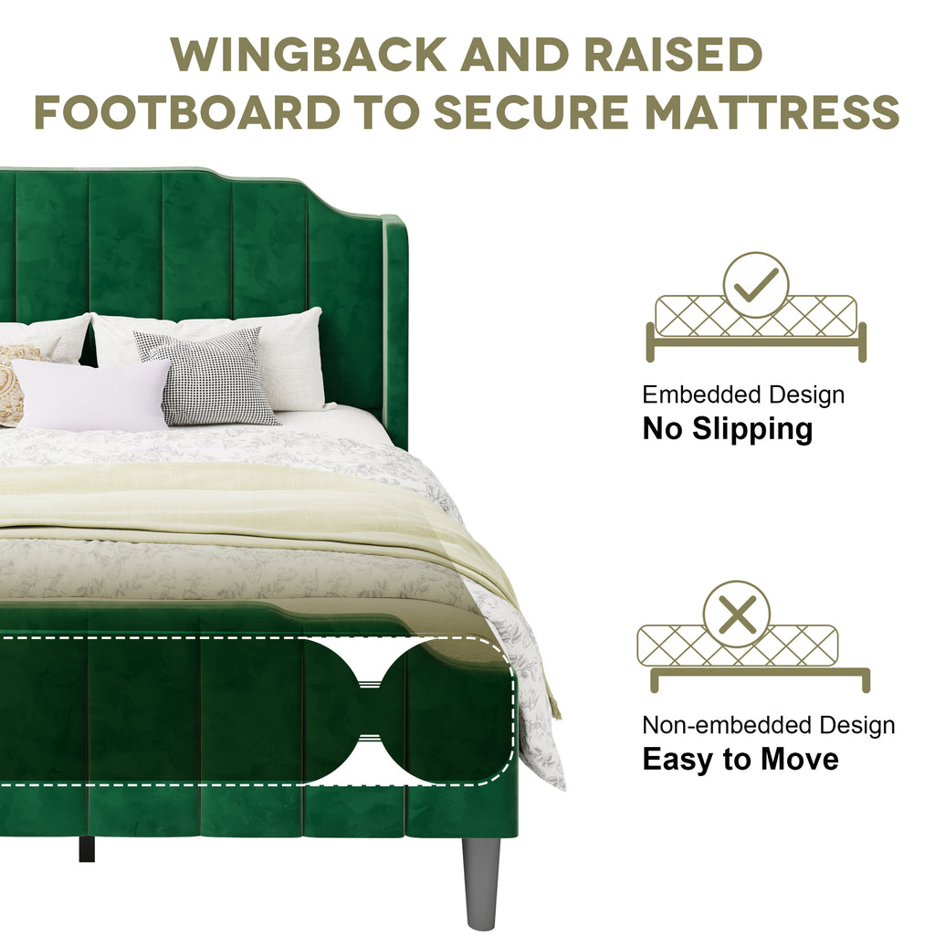 Einfach Platform Bed Frame with Curved Velvet Wingback Headboard & USB Charging Station