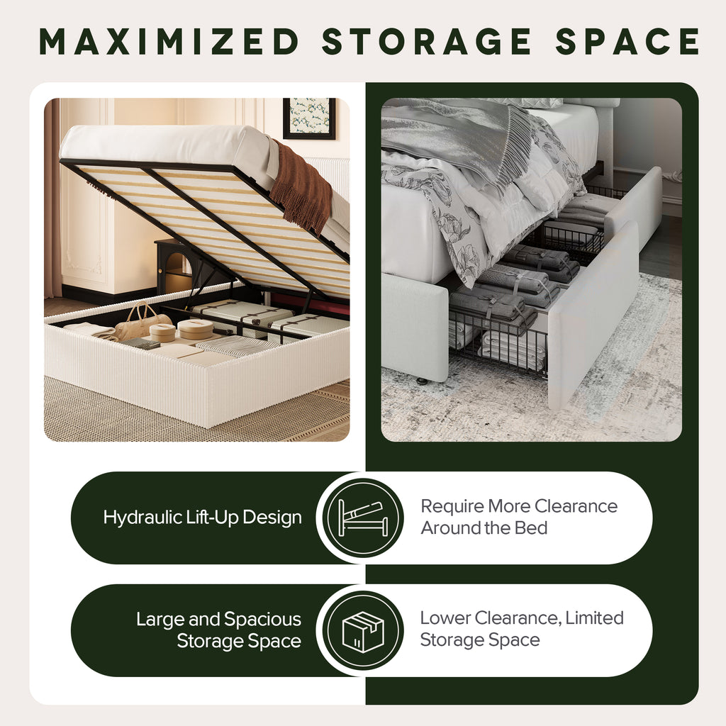 Einfach Hydraulic Lift Up Storage Bed Frame, Corduroy Upholstered Wingback Headboard, Ample Under-bed Storage