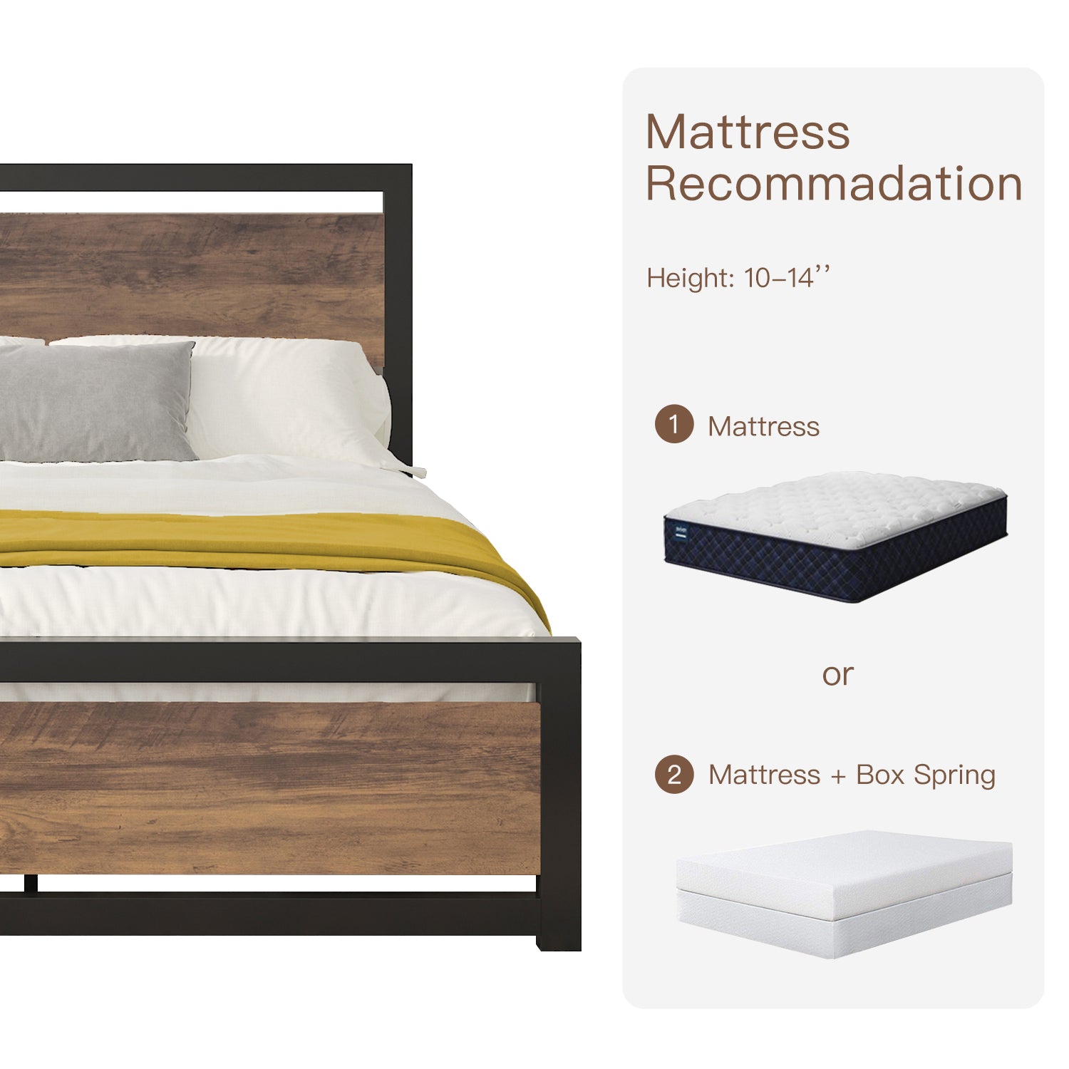 Einfach Metal Platform Bed Frame with Wooden Headboard & Footboard