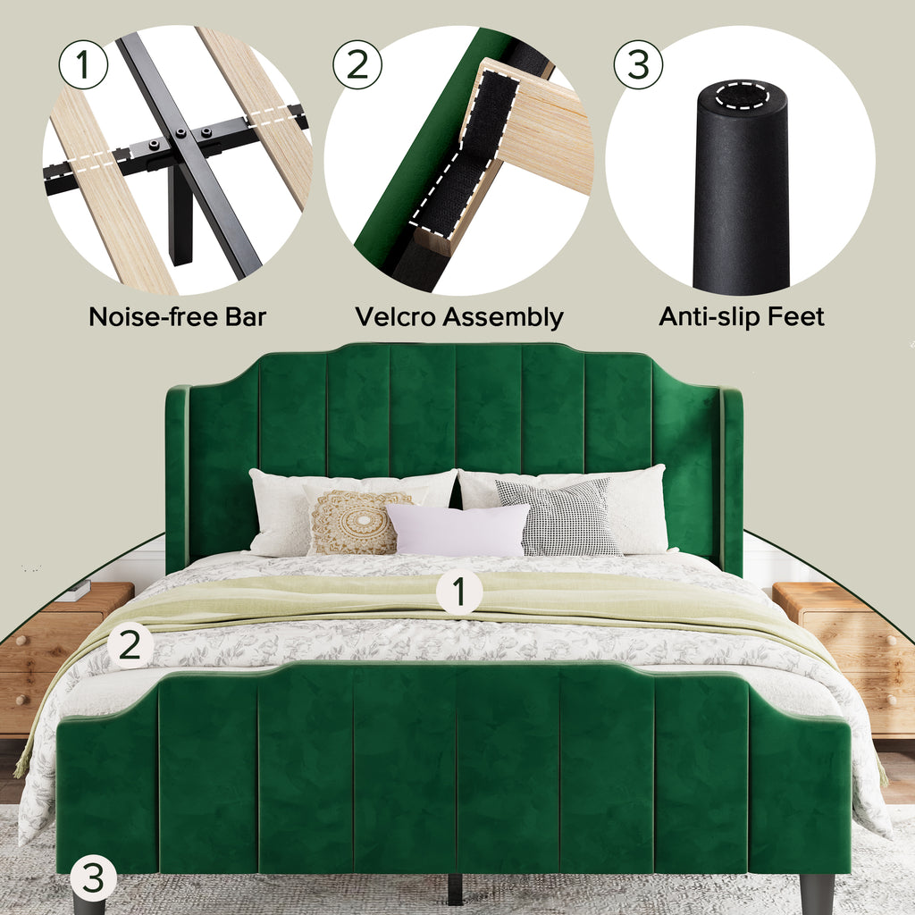 Einfach Platform Bed Frame with Curved Velvet Wingback Headboard & USB Charging Station
