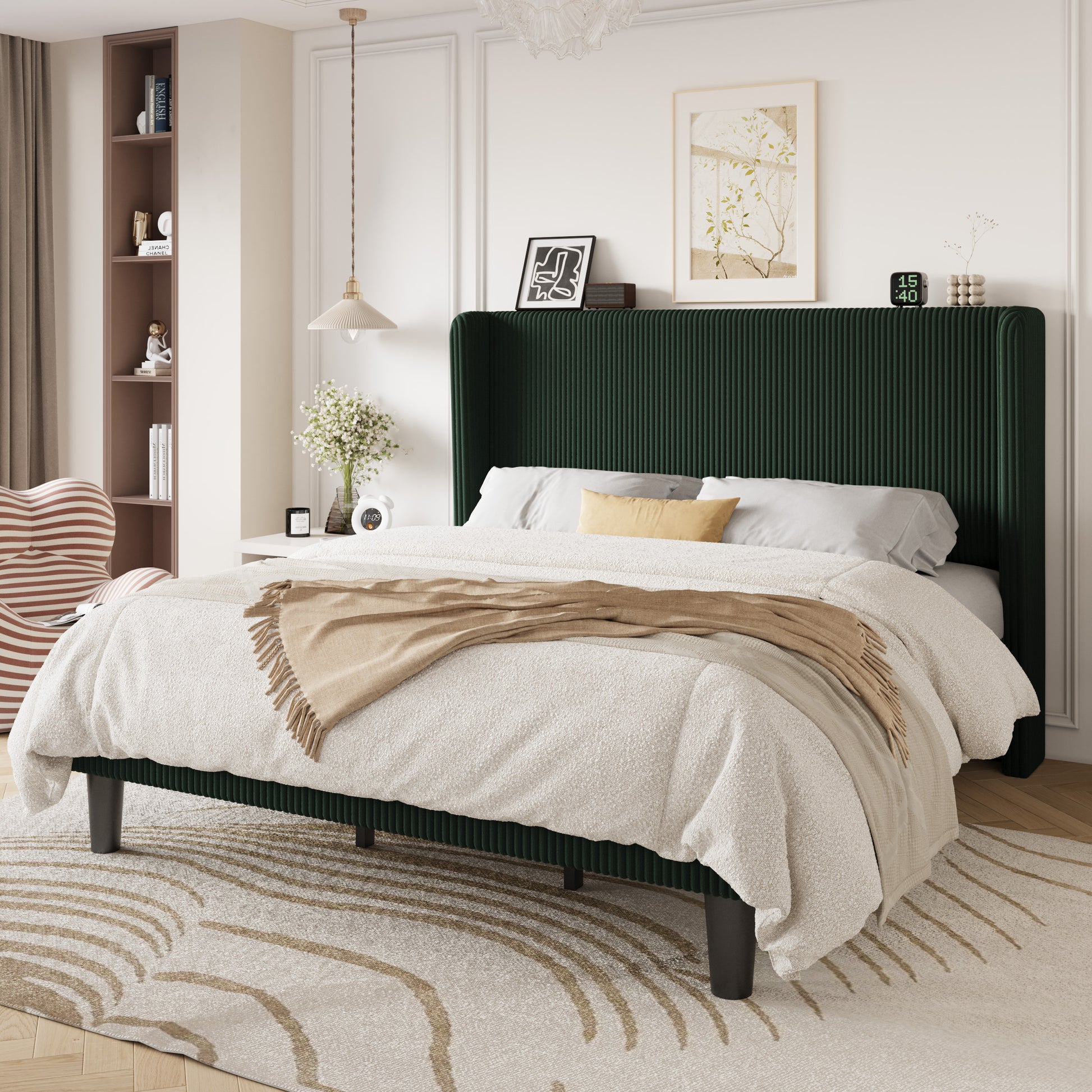 Einfach Luxury Channel-Tufted Corduroy Velvet Platform Bed Frame with Wingback Headboard