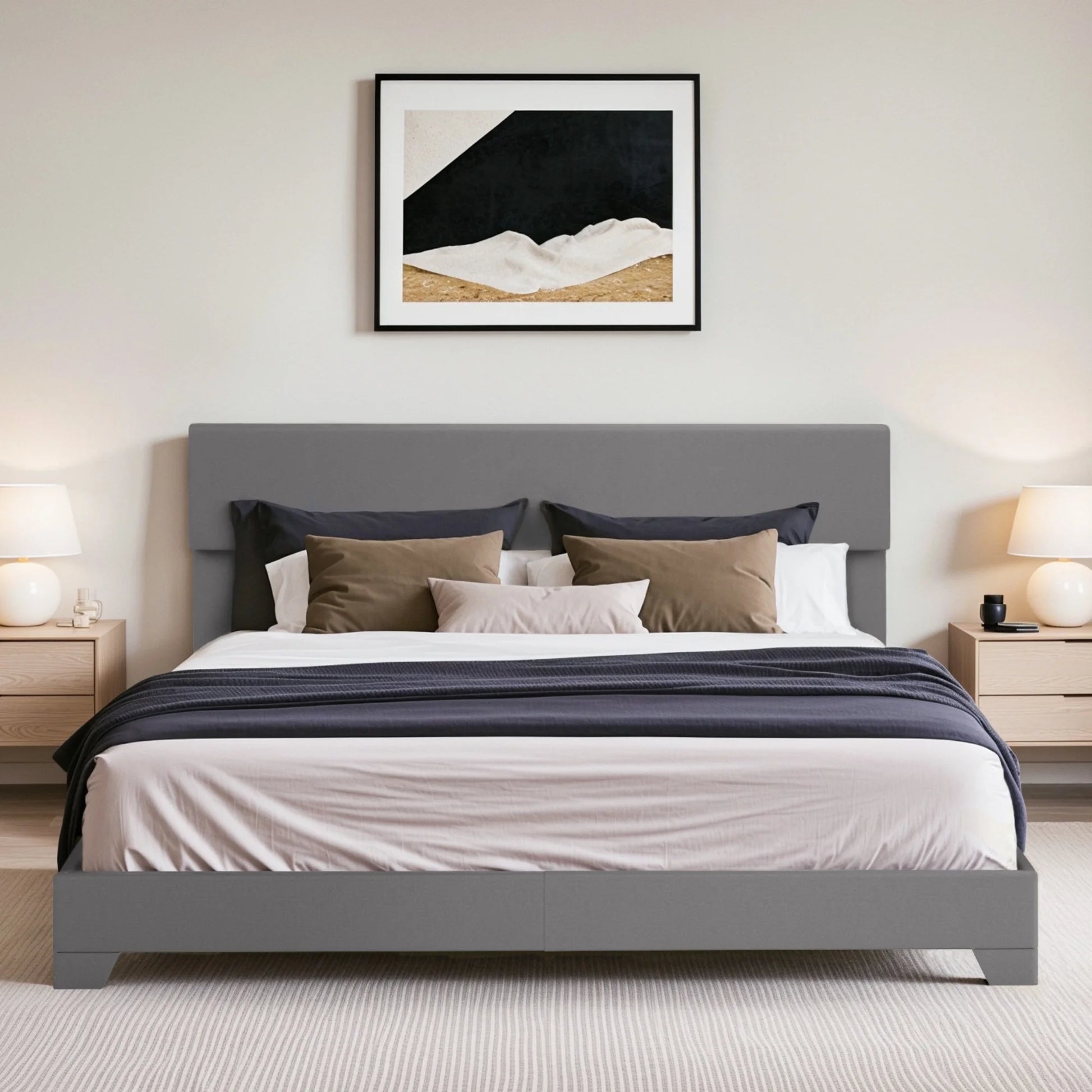 Einfach Leather Upholstered Bed Frame with Adjustable Headboard, No Box Spring Needed, Low