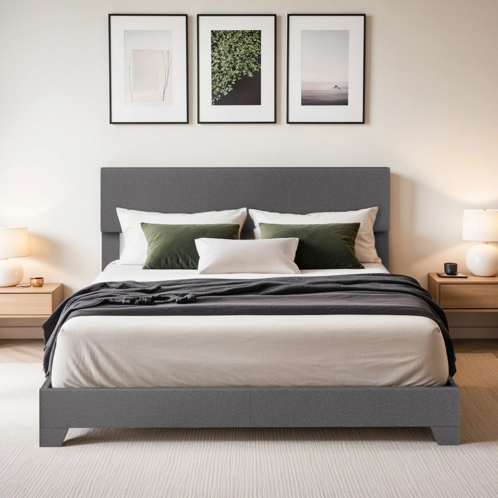 Einfach Leather Upholstered Bed Frame with Adjustable Headboard, No Box Spring Needed, Low