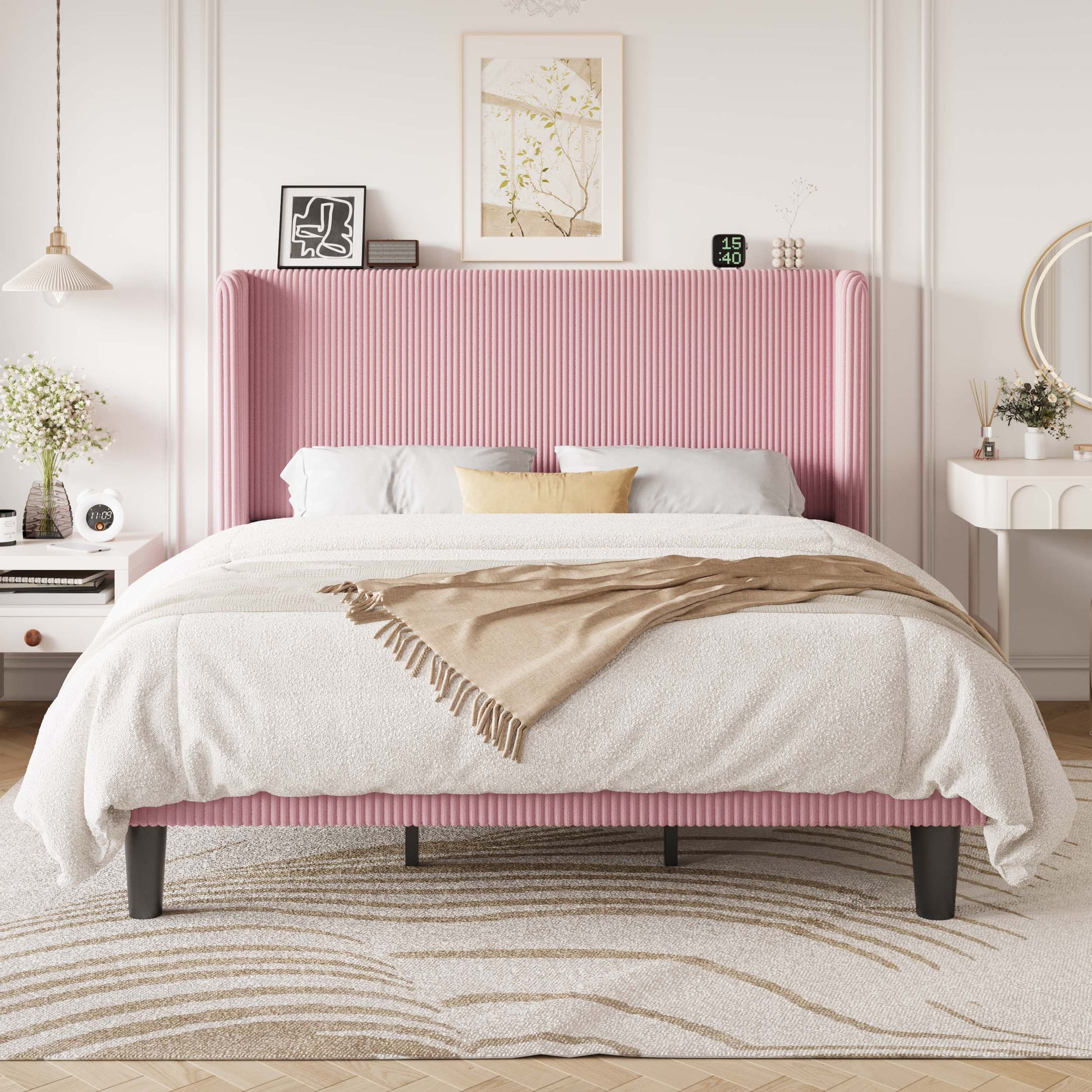 Einfach Luxury Channel-Tufted Corduroy Velvet Platform Bed Frame with Wingback Headboard