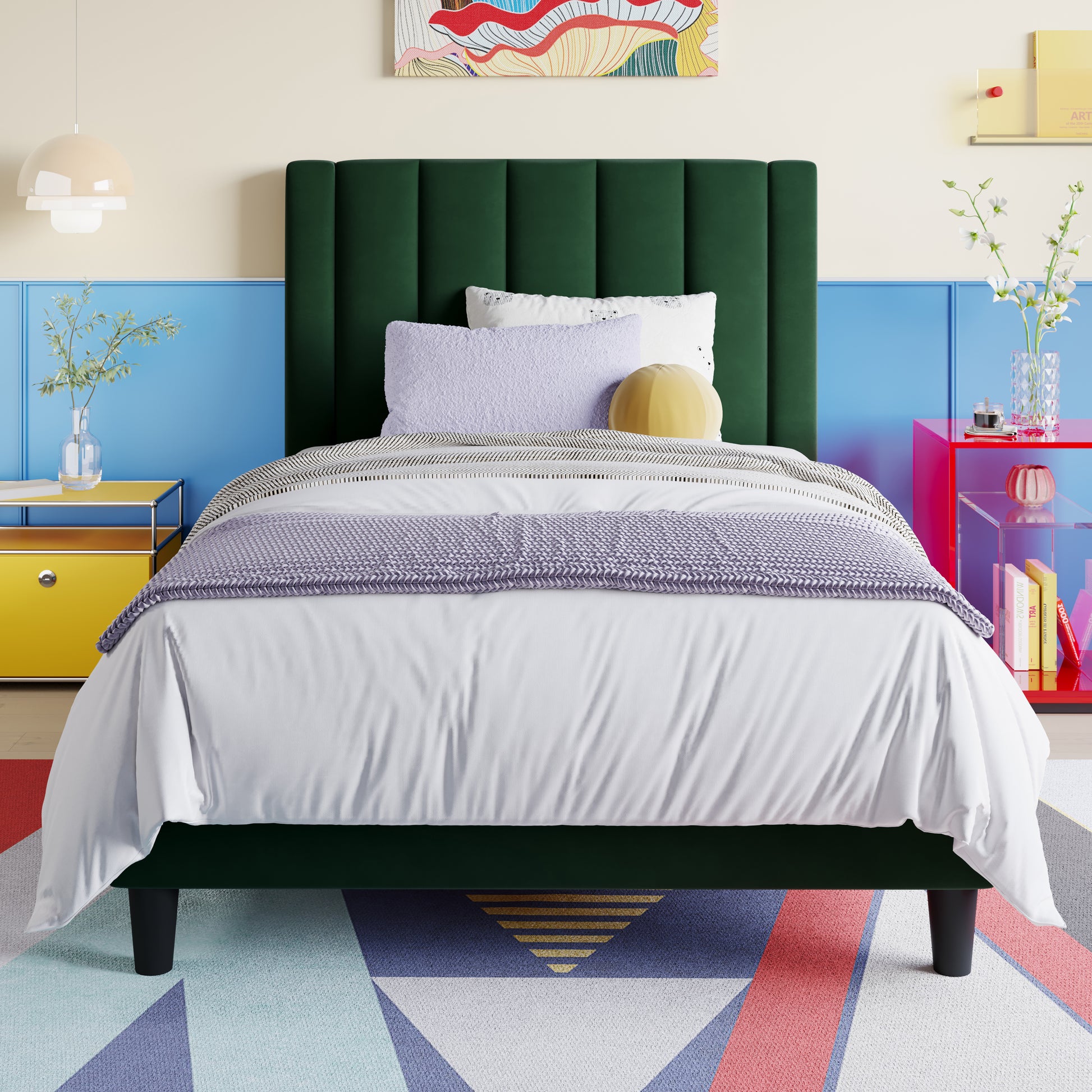 Einfach Twin Bed Frame, Platform Bed with Upholstered Velvet Vertical Channel Headboard
