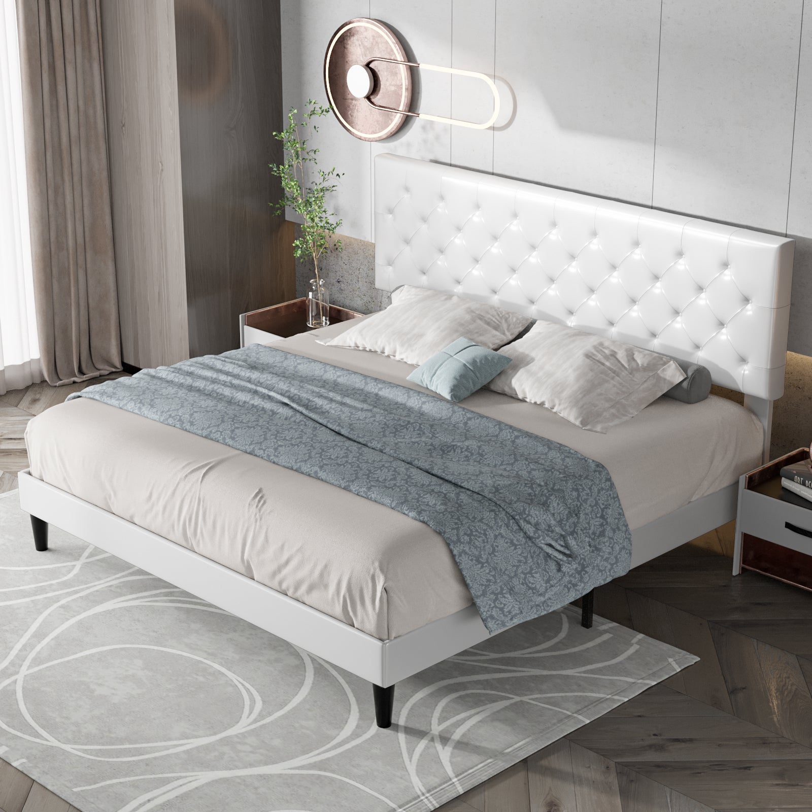 Einfach Faux Leather Platform Bed Frame with Diamond Button-tufted Headboard