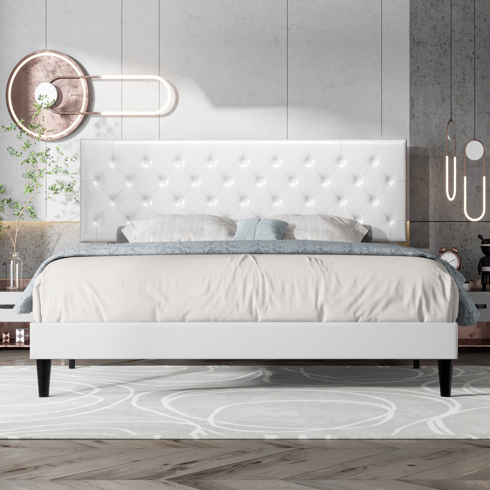 Einfach Faux Leather Platform Bed Frame with Diamond Button-tufted Headboard