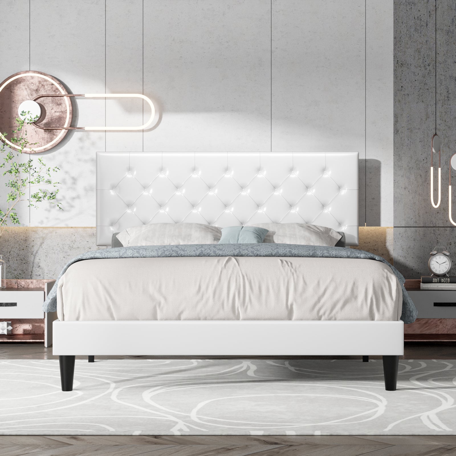 Einfach Faux Leather Platform Bed Frame with Diamond Button-tufted Headboard