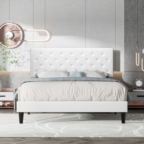 Einfach Faux Leather Platform Bed Frame with Diamond Button-tufted Headboard