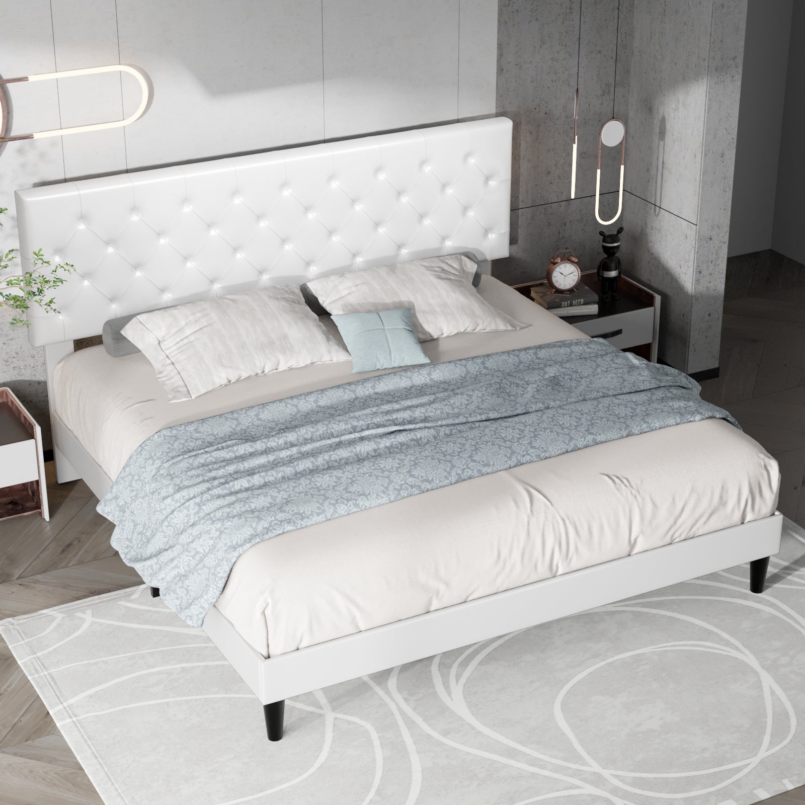 Einfach Faux Leather Platform Bed Frame with Diamond Button-tufted Headboard