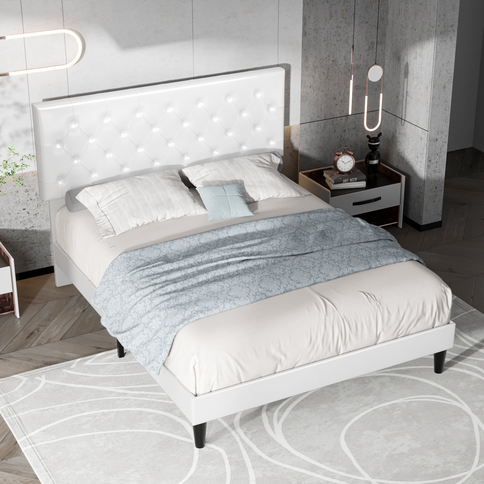 Einfach Faux Leather Platform Bed Frame with Diamond Button-tufted Headboard