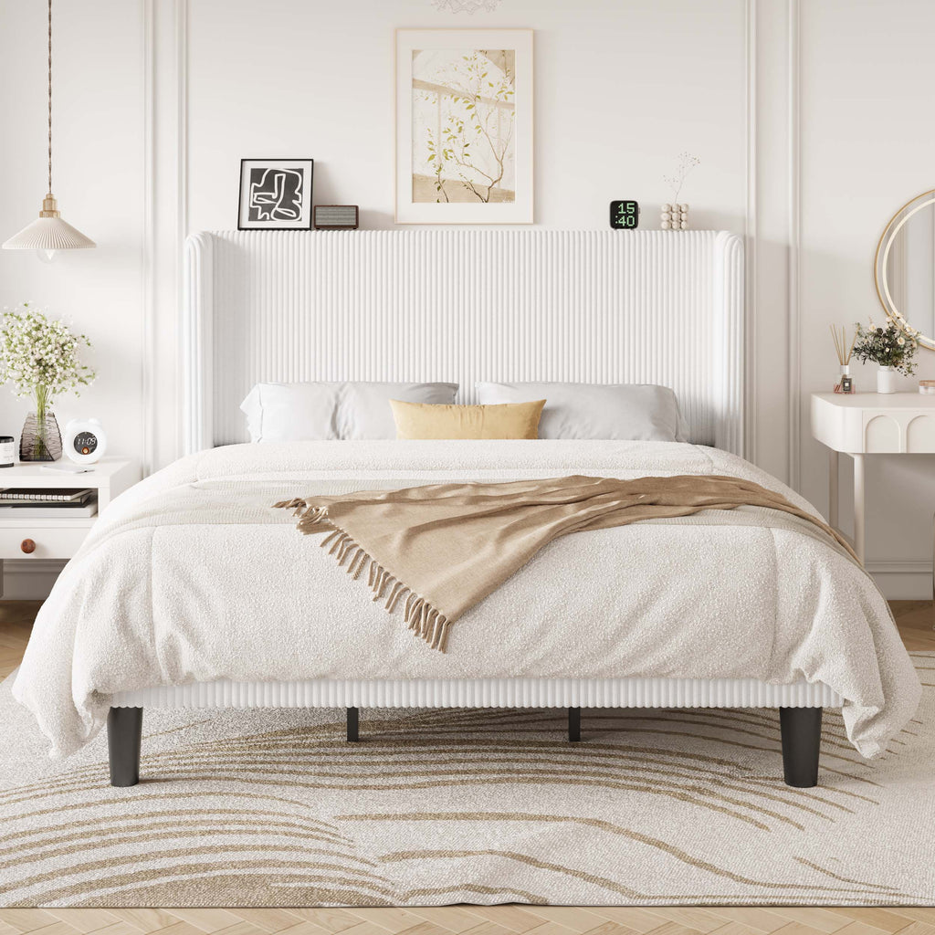 Einfach Luxury Channel-Tufted Corduroy Velvet Platform Bed Frame with Wingback Headboard